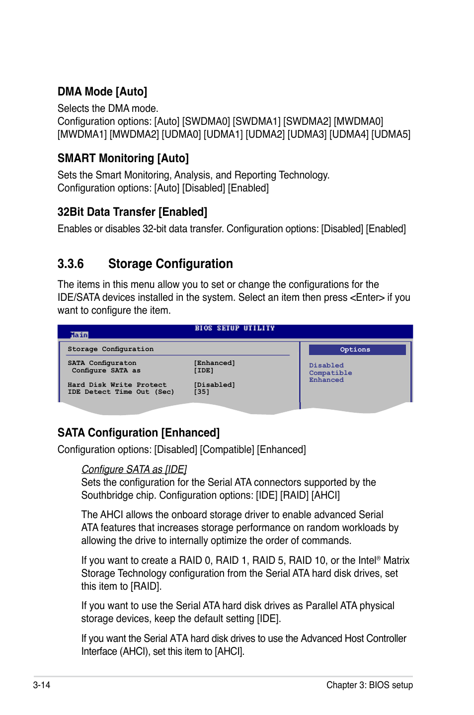 6 storage configuration, Storage configuration -14, Dma mode [auto | Smart monitoring [auto, 32bit data transfer [enabled, Sata configuration [enhanced | Asus P5Q User Manual | Page 80 / 184