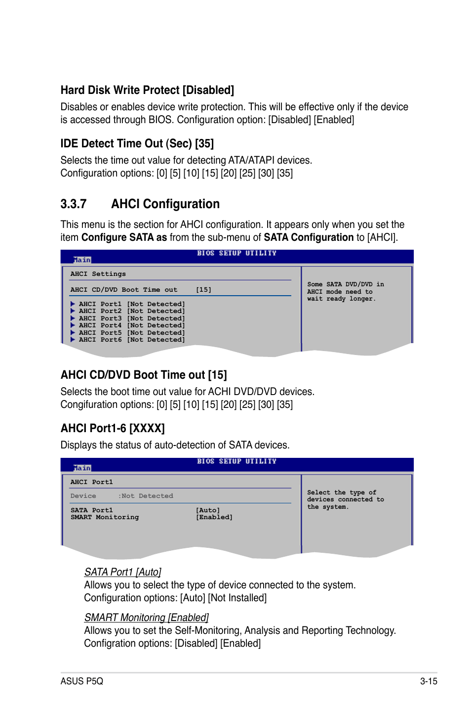 7 ahci configuration, Ahci configuration -15, Hard disk write protect [disabled | Ide detect time out (sec) [35, Ahci cd/dvd boot time out [15 | Asus P5Q User Manual | Page 81 / 184