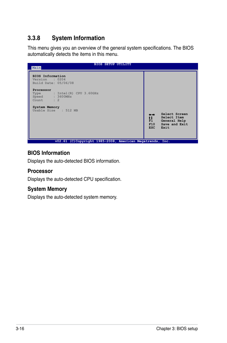 8 system information, System information -16, Bios information | Processor, Displays the auto-detected bios information, Displays the auto-detected cpu specification | Asus P5Q User Manual | Page 82 / 184