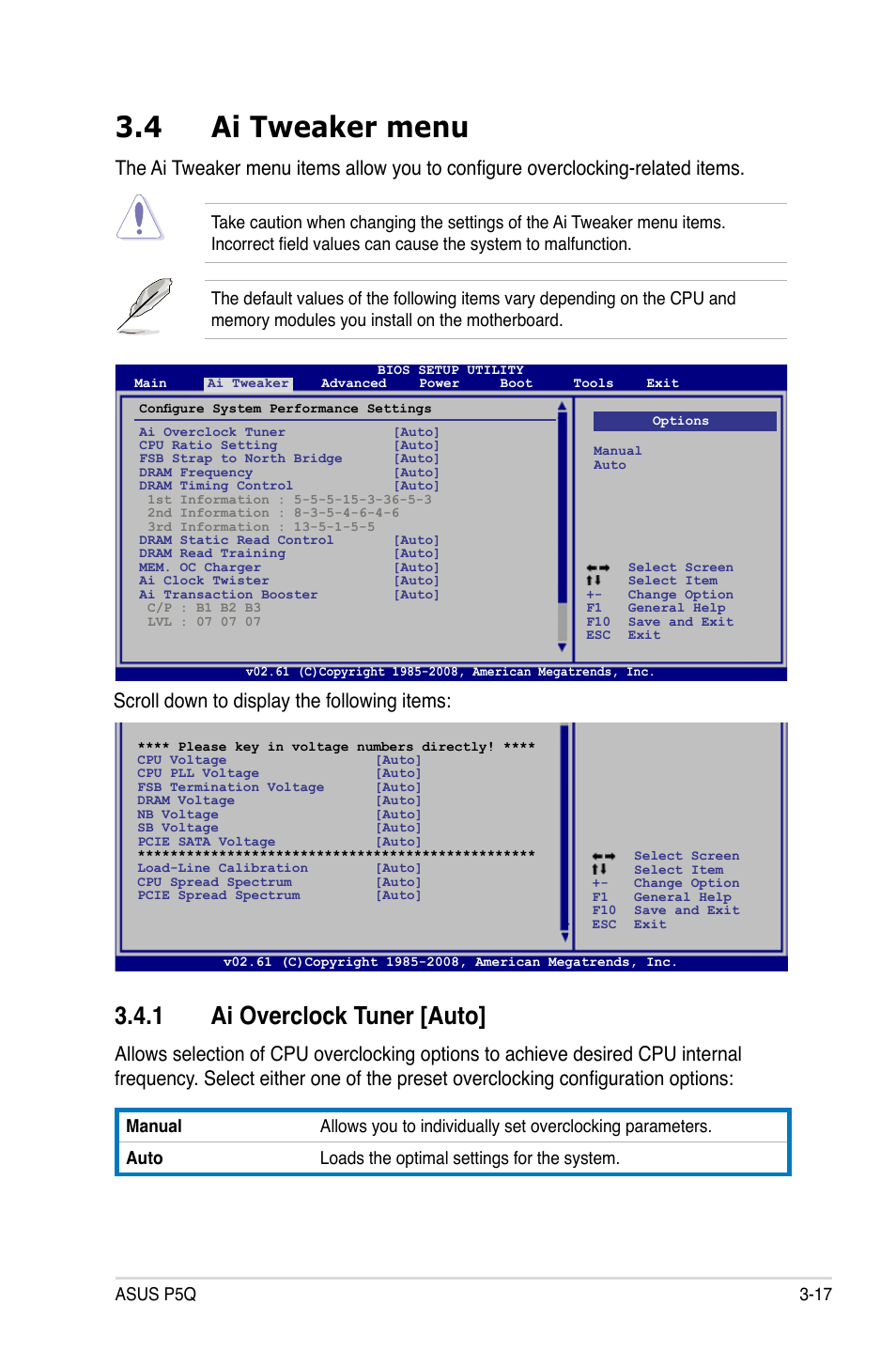 4 ai tweaker menu, 1 ai overclock tuner [auto, Ai tweaker menu -17 3.4.1 | Ai overclock tuner [auto] -17, Scroll down to display the following items, Asus p5q 3-17 | Asus P5Q User Manual | Page 83 / 184