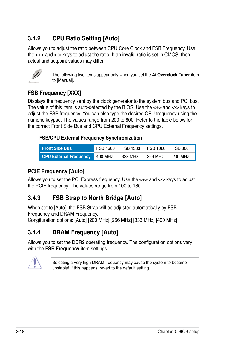 2 cpu ratio setting [auto, 3 fsb strap to north bridge [auto, 4 dram frequency [auto | Cpu ratio setting [auto] -18, Fsb strap to north bridge [auto] -18, Dram frequency [auto] -18 | Asus P5Q User Manual | Page 84 / 184