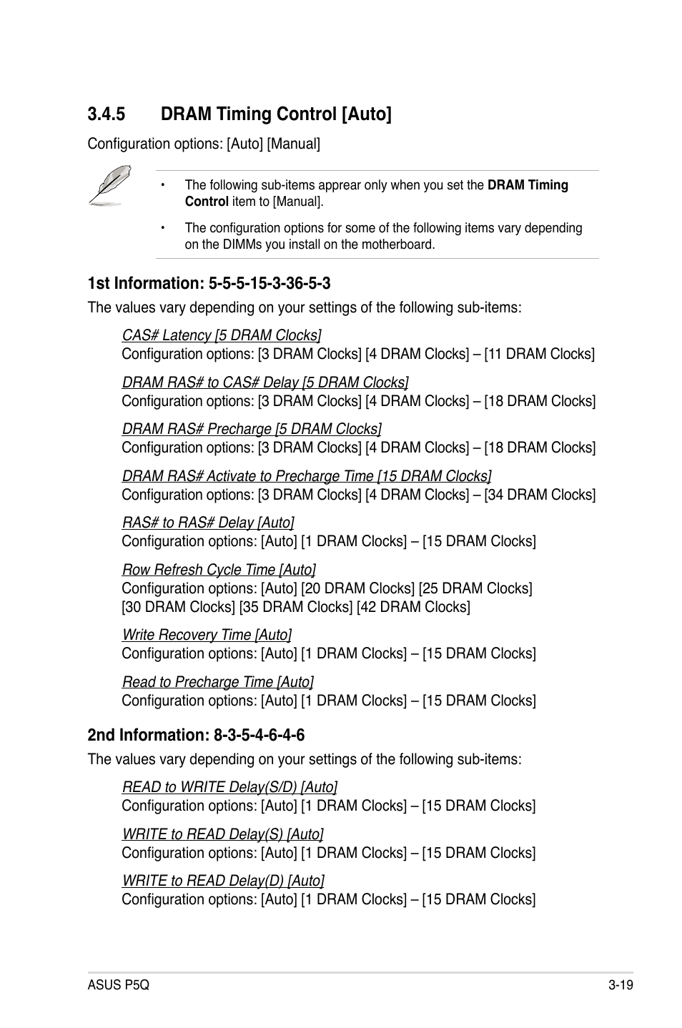 5 dram timing control [auto, Dram timing control [auto] -19 | Asus P5Q User Manual | Page 85 / 184