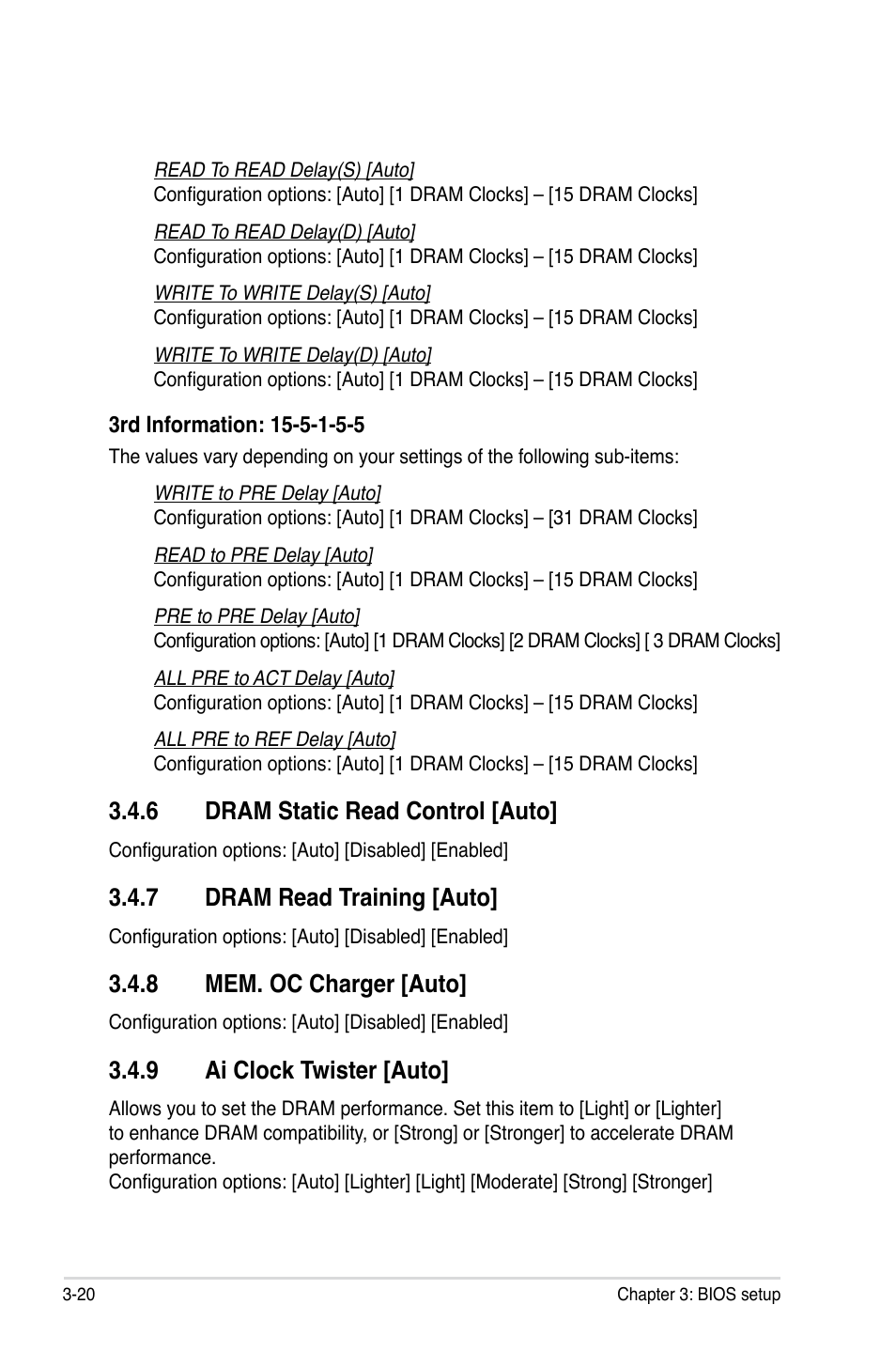 6 dram static read control [auto, 7 dram read training [auto, 8 mem. oc charger [auto | 9 ai clock twister [auto, Dram static read control [auto] -20, Dram read training [auto] -20, Mem. oc charger [auto] -20, Ai clock twister [auto] -20 | Asus P5Q User Manual | Page 86 / 184