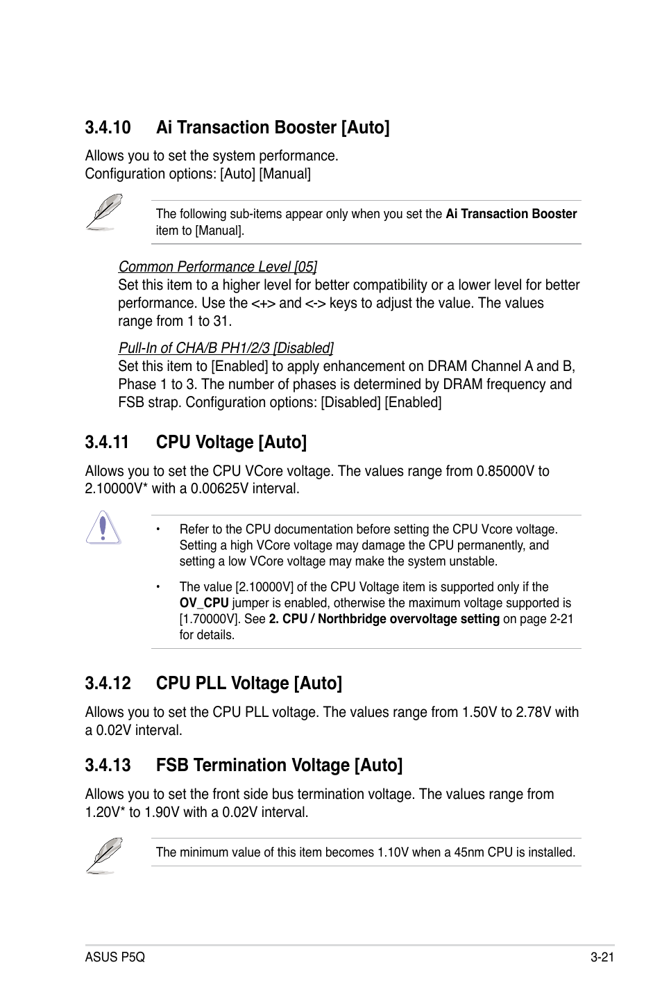 10 ai transaction booster [auto, 11 cpu voltage [auto, 12 cpu pll voltage [auto | 13 fsb termination voltage [auto | Asus P5Q User Manual | Page 87 / 184