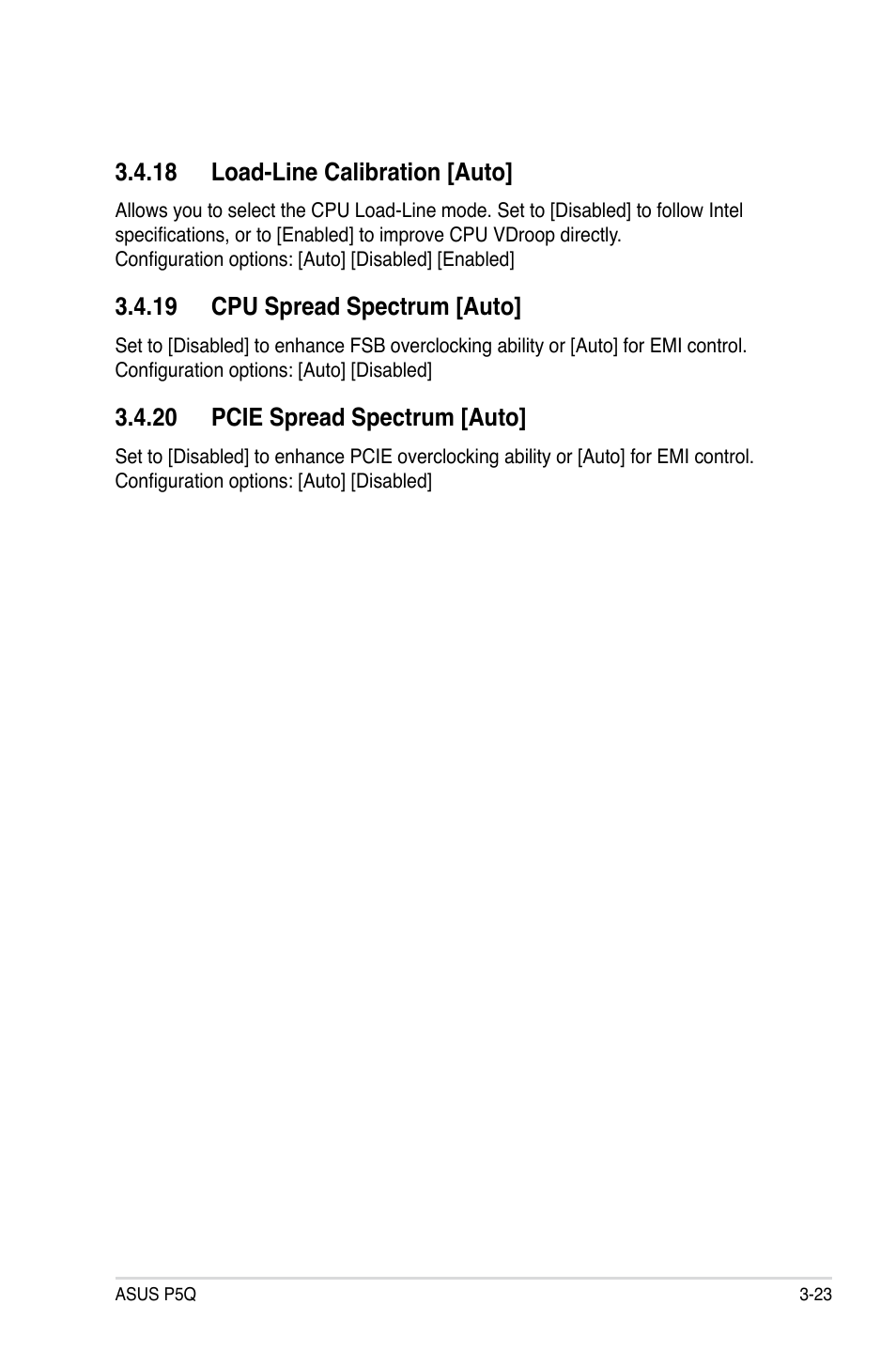 18 load-line calibration [auto, 19 cpu spread spectrum [auto, 20 pcie spread spectrum [auto | Asus P5Q User Manual | Page 89 / 184