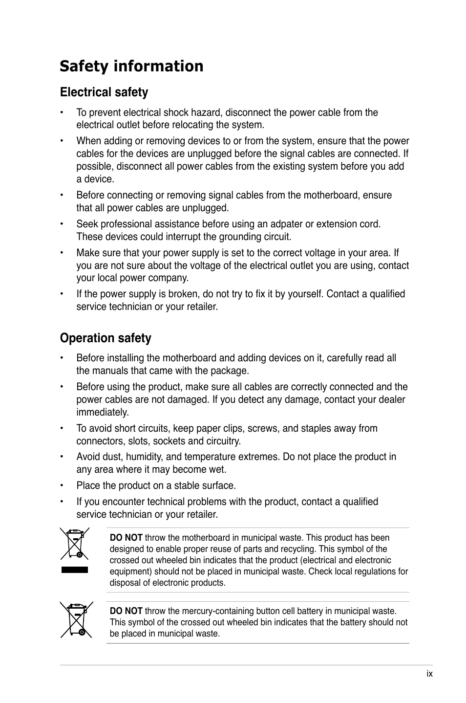 Safety information, Electrical safety, Operation safety | Asus P5Q User Manual | Page 9 / 184