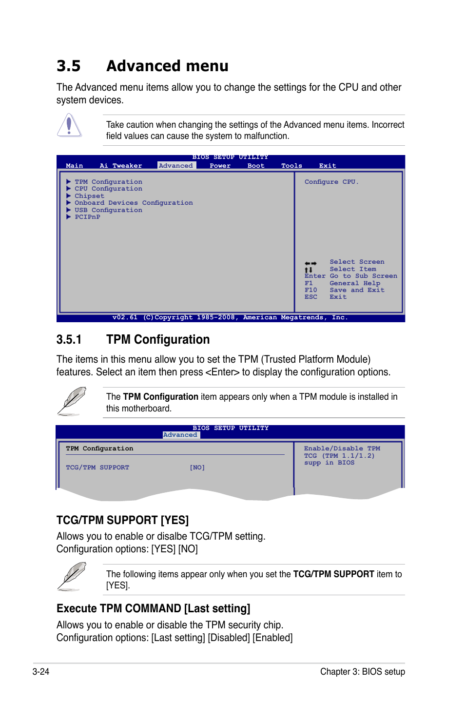 5 advanced menu, 1 tpm configuration, Advanced menu -24 3.5.1 | Tpm configuration -24, Tcg/tpm support [yes, Execute tpm command [last setting | Asus P5Q User Manual | Page 90 / 184