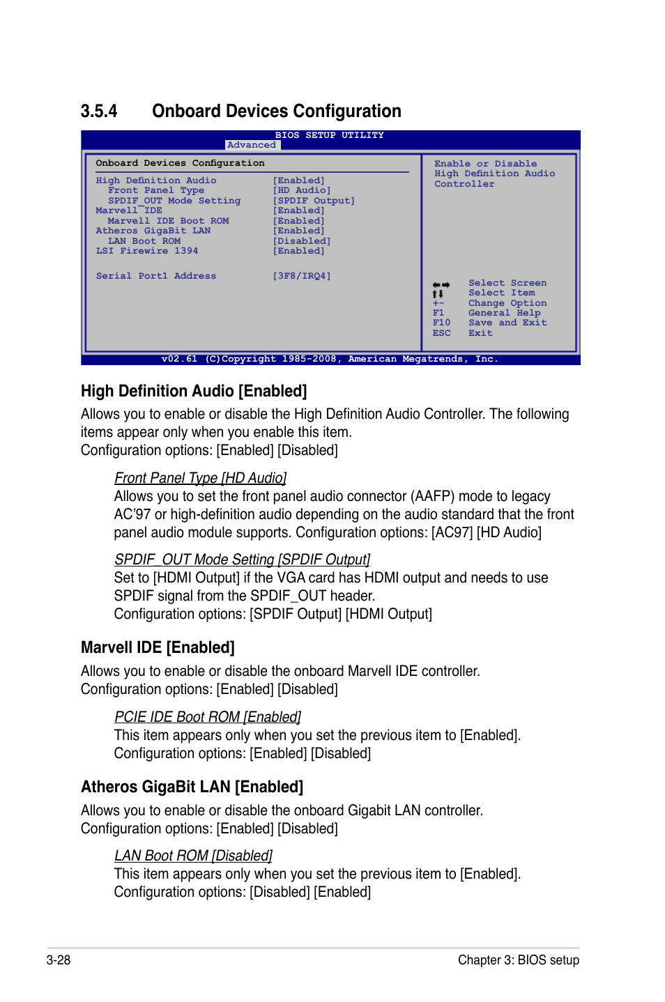 4 onboard devices configuration, Onboard devices configuration -28, High definition audio [enabled | Marvell ide [enabled, Atheros gigabit lan [enabled | Asus P5Q User Manual | Page 94 / 184