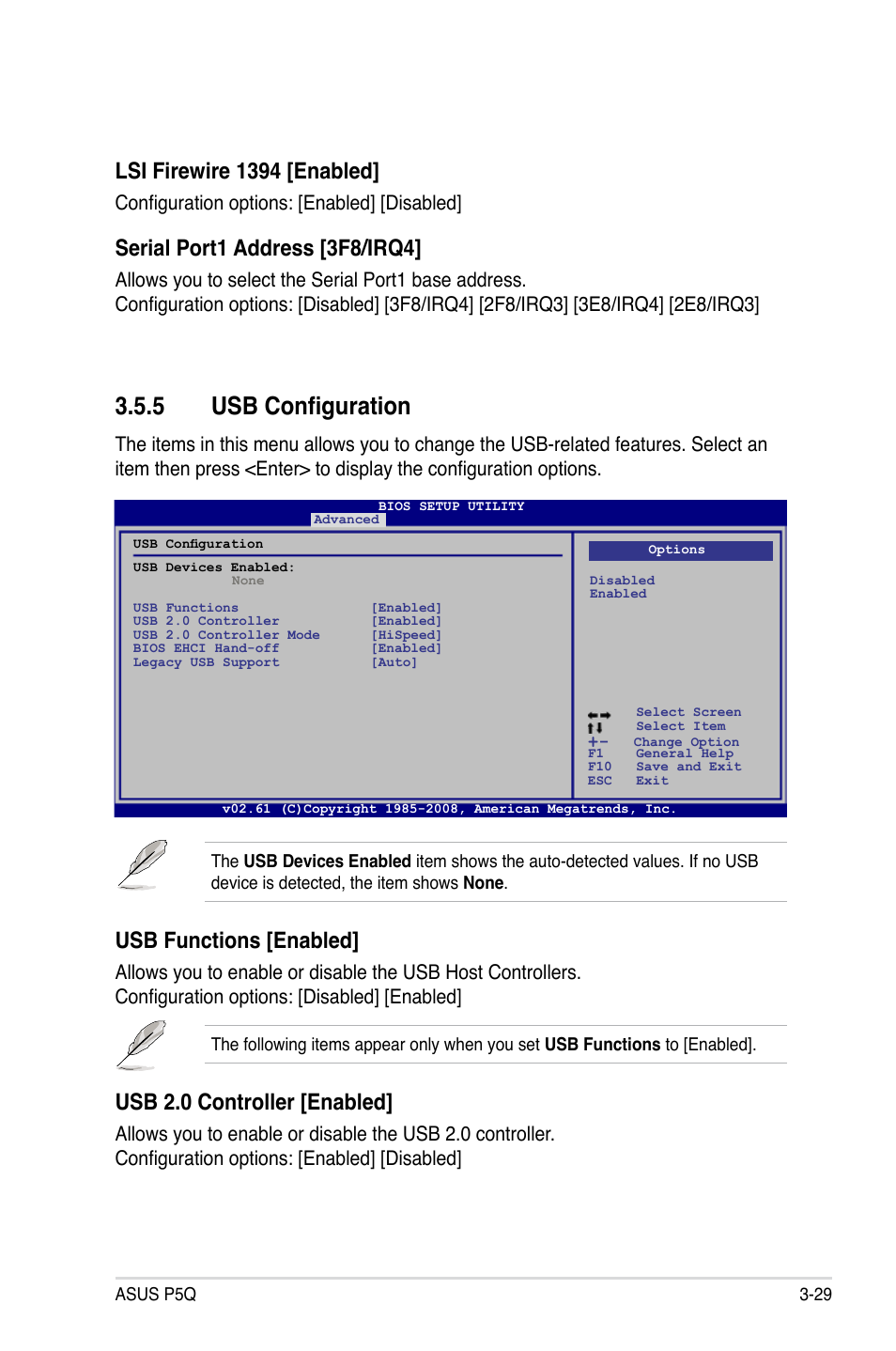 5 usb configuration, Usb configuration -29, Lsi firewire 1394 [enabled | Serial port1 address [3f8/irq4, Usb functions [enabled, Usb 2.0 controller [enabled, Configuration options: [enabled] [disabled | Asus P5Q User Manual | Page 95 / 184