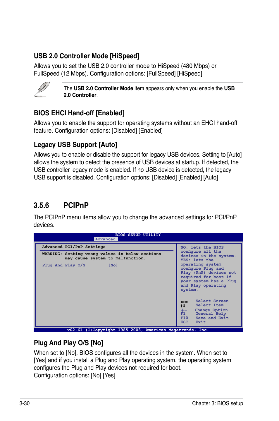 6 pcipnp, Pcipnp -30, Usb 2.0 controller mode [hispeed | Bios ehci hand-off [enabled, Legacy usb support [auto, Plug and play o/s [no | Asus P5Q User Manual | Page 96 / 184