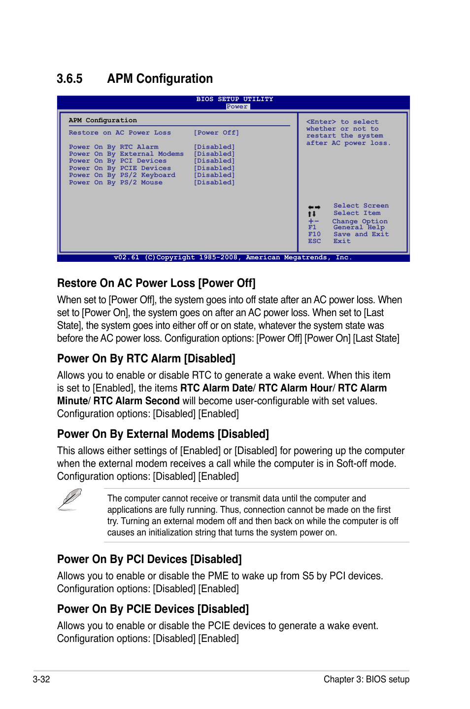 5 apm configuration, Apm configuration -32, Restore on ac power loss [power off | Power on by rtc alarm [disabled, Power on by external modems [disabled, Power on by pci devices [disabled, Power on by pcie devices [disabled | Asus P5Q User Manual | Page 98 / 184