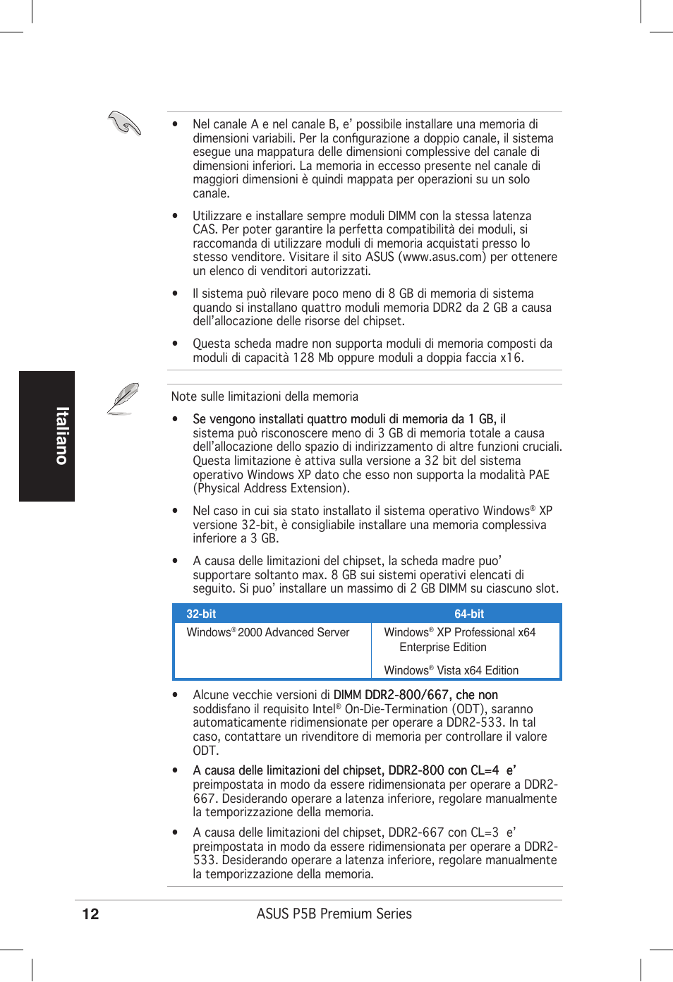 Italiano | Asus P5B Premium Vista Edition User Manual | Page 12 / 50