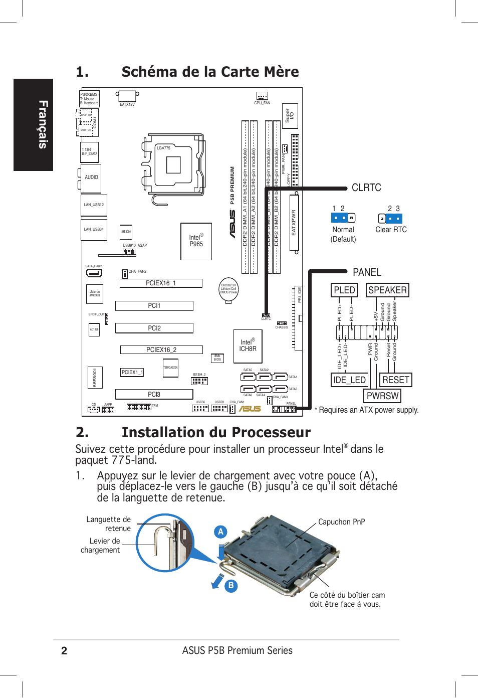 Français, Clrtc, Panel | Asus p5b premium series, Reset, Pwrsw, Pled speaker, Ide_led, Ab b, Requires an atx power supply | Asus P5B Premium Vista Edition User Manual | Page 2 / 50