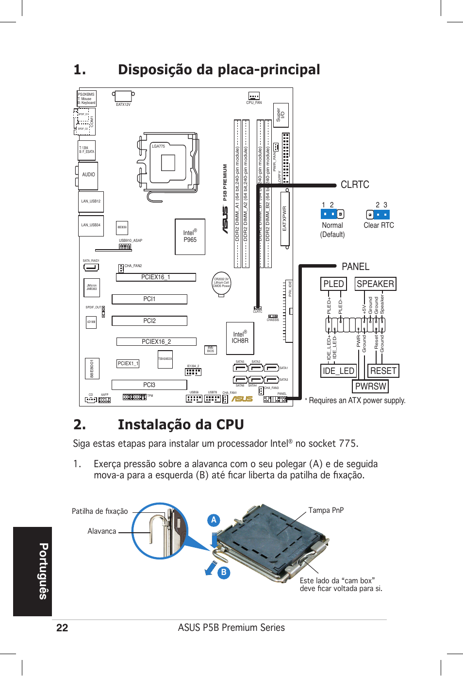 Disposição da placa-principal 2. instalação da cpu, Português, Clrtc | Panel, Asus p5b premium series, Reset, Pwrsw, Pled speaker, Ide_led, Ab b | Asus P5B Premium Vista Edition User Manual | Page 22 / 50