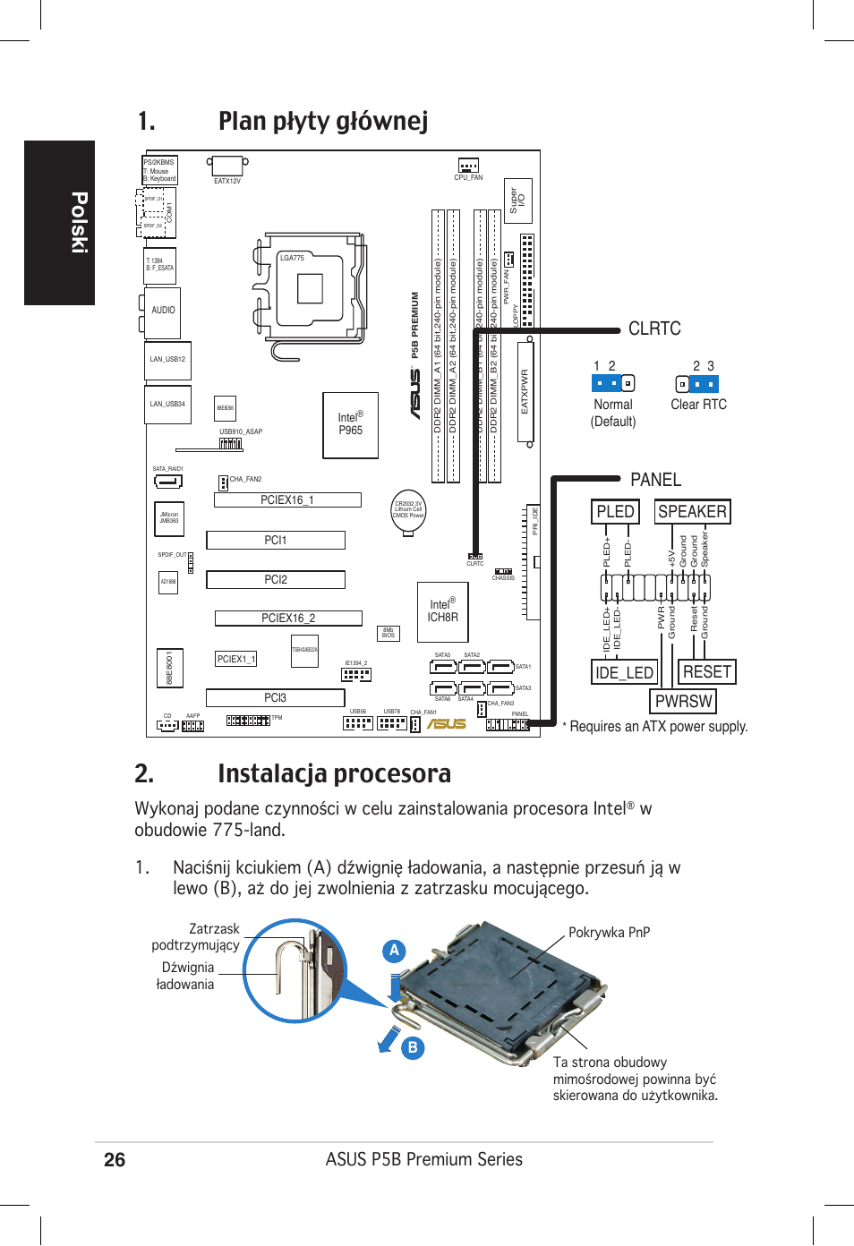 Plan płyty głównej 2. instalacja procesora, Polski, Clrtc | Panel, Asus p5b premium series, Reset, Pwrsw, Pled speaker, Ide_led, Ab b | Asus P5B Premium Vista Edition User Manual | Page 26 / 50