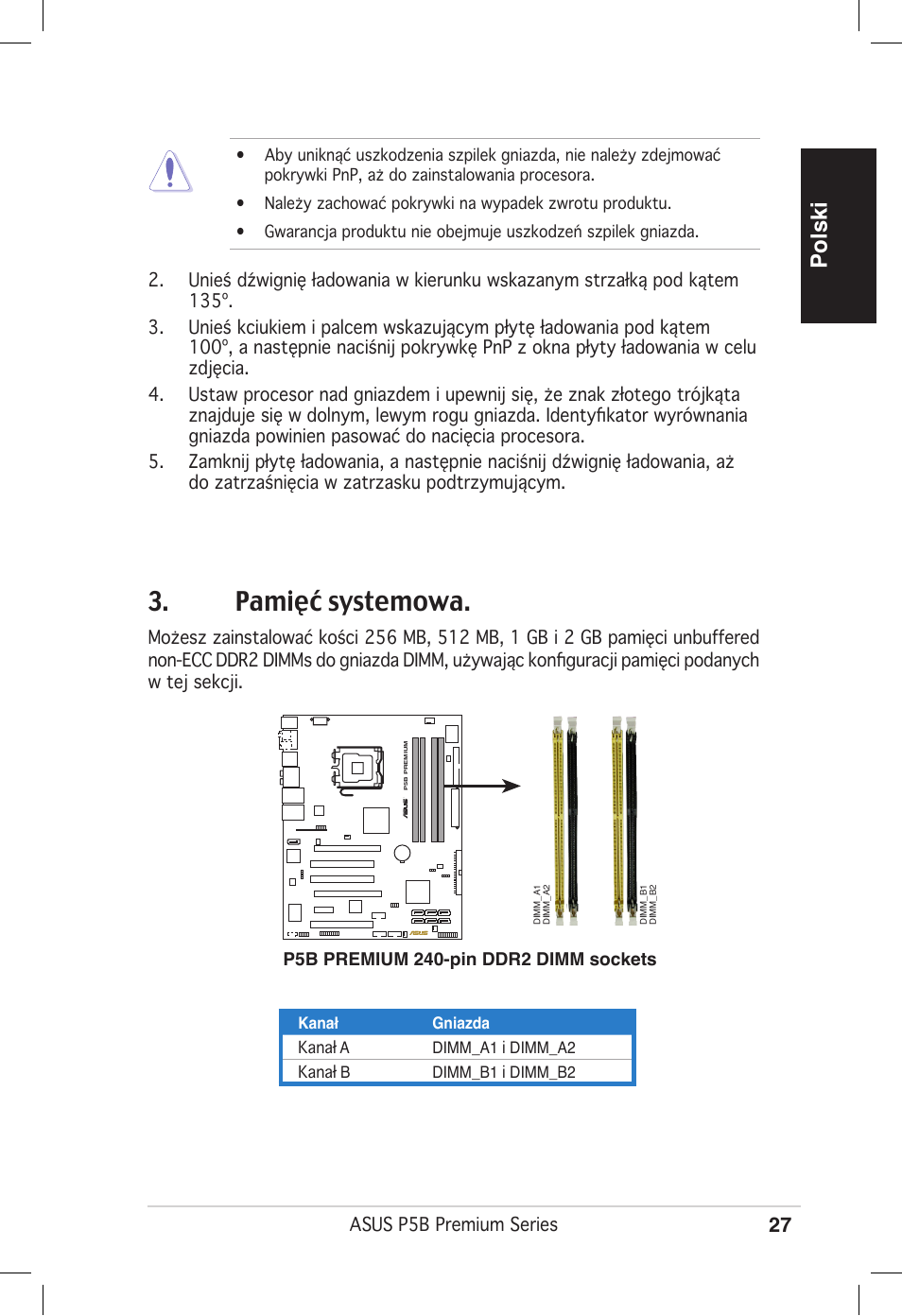 Pamięć systemowa, Polski | Asus P5B Premium Vista Edition User Manual | Page 27 / 50