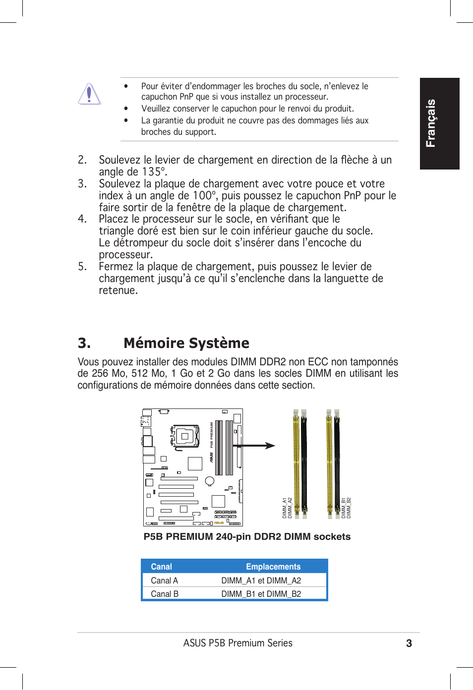 Mémoire système, Français | Asus P5B Premium Vista Edition User Manual | Page 3 / 50