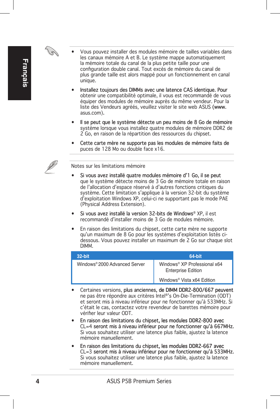 Français | Asus P5B Premium Vista Edition User Manual | Page 4 / 50