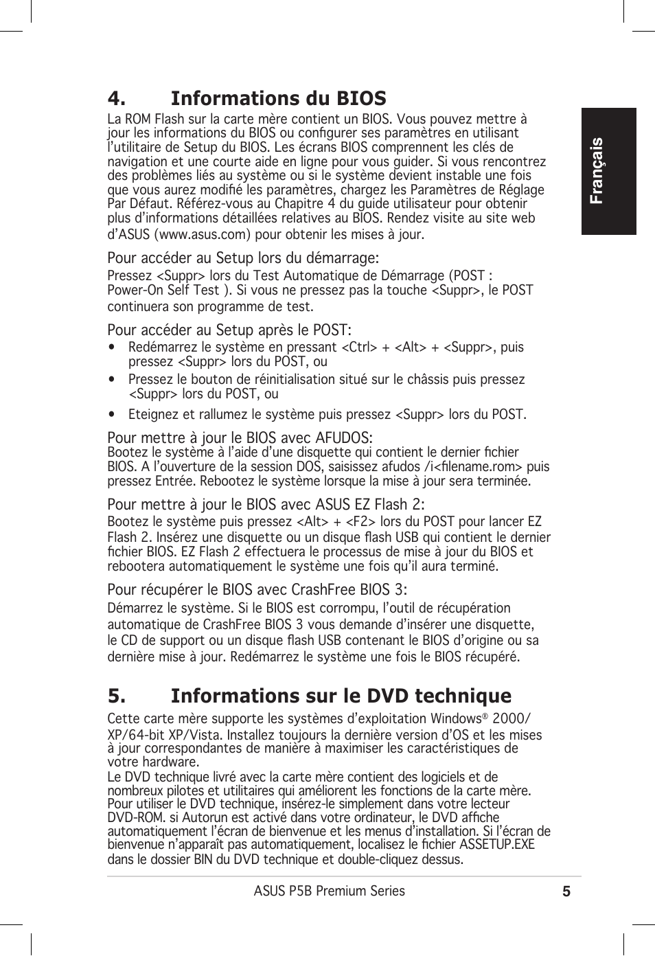 Informations du bios, Informations sur le dvd technique | Asus P5B Premium Vista Edition User Manual | Page 5 / 50