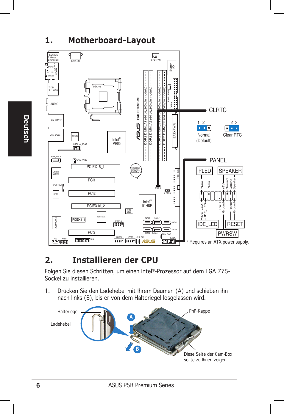 Motherboard-layout 2. installieren der cpu, Deutsch, Clrtc | Panel, Asus p5b premium series, Folgen sie diesen schritten, um einen intel, Reset, Pwrsw, Pled speaker, Ide_led | Asus P5B Premium Vista Edition User Manual | Page 6 / 50