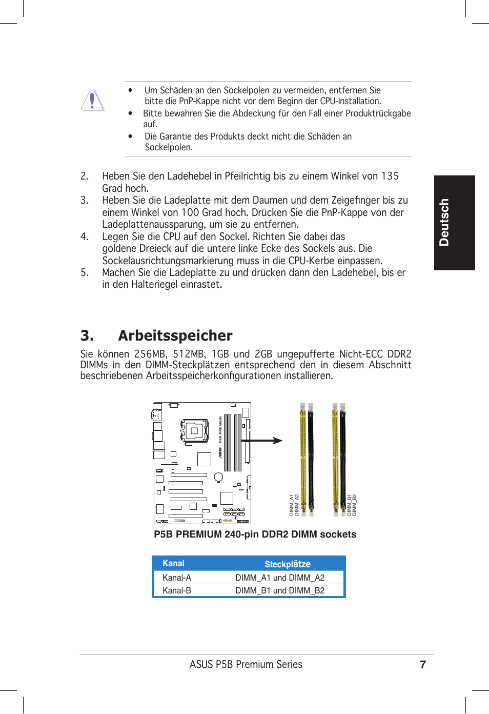 Arbeitsspeicher, Deutsch | Asus P5B Premium Vista Edition User Manual | Page 7 / 50