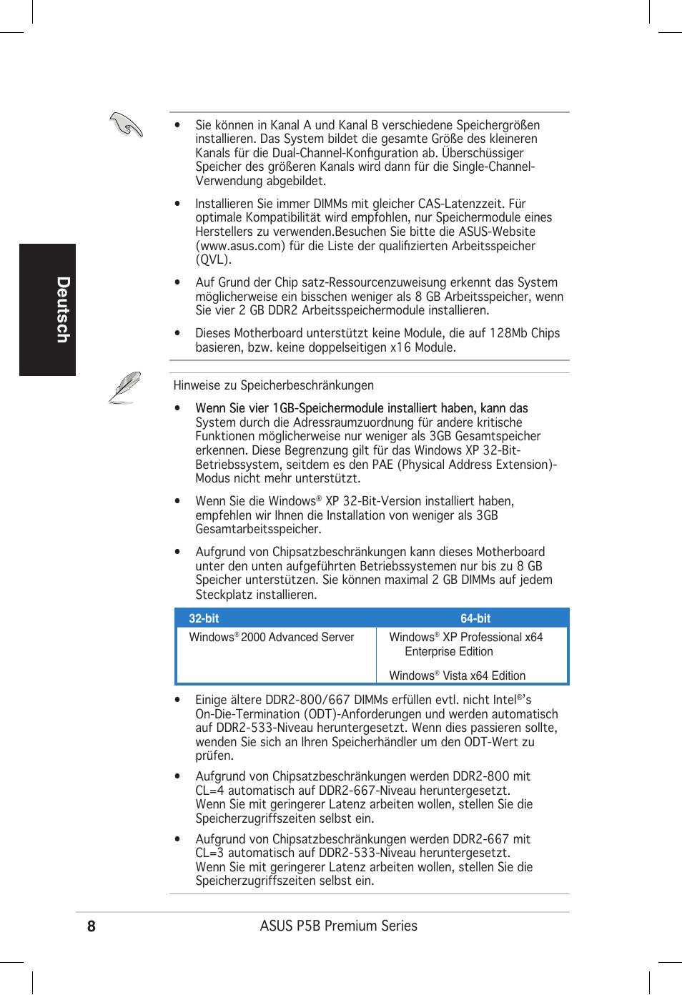 Deutsch | Asus P5B Premium Vista Edition User Manual | Page 8 / 50