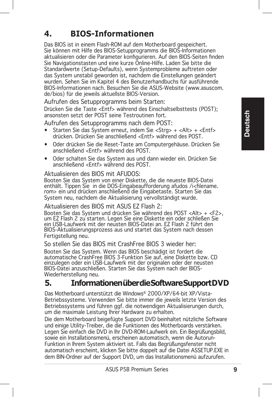 Bios-informationen, Informationen über die software support dvd | Asus P5B Premium Vista Edition User Manual | Page 9 / 50