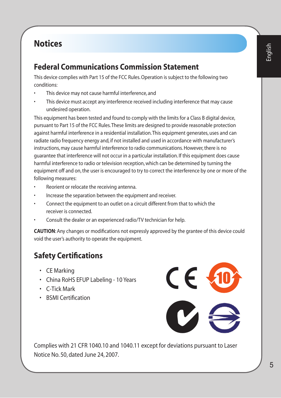 Notices, Safety certifications, Federal communications commission statement | Asus GX900 User Manual | Page 5 / 13