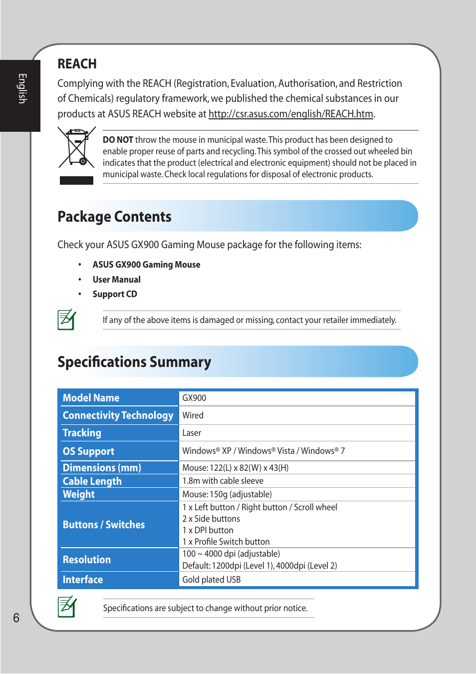 Package contents, Specifications summary, Package contents specifications summary | Reach | Asus GX900 User Manual | Page 6 / 13