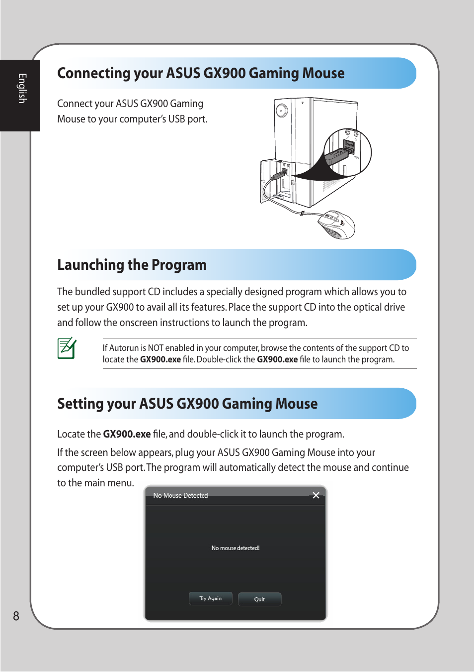 Connecting your asus gx900 gaming mouse, Launching the program, Setting your asus gx900 gaming mouse | Asus GX900 User Manual | Page 8 / 13
