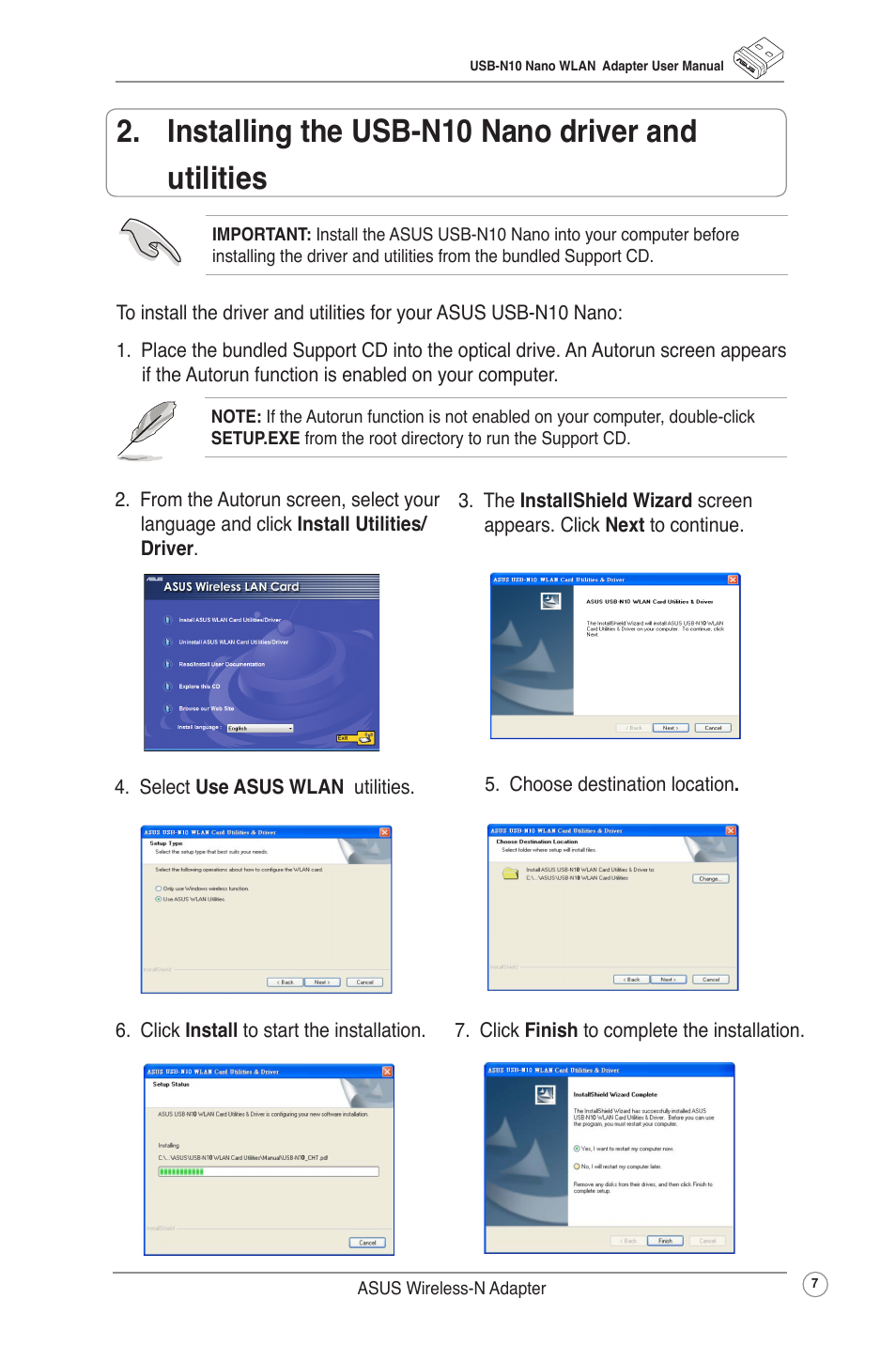 Installing the usb-n13 driver and utilities, Installing the usb-n10 nano driver and utilities | Asus USB-N10 NANO User Manual | Page 10 / 32