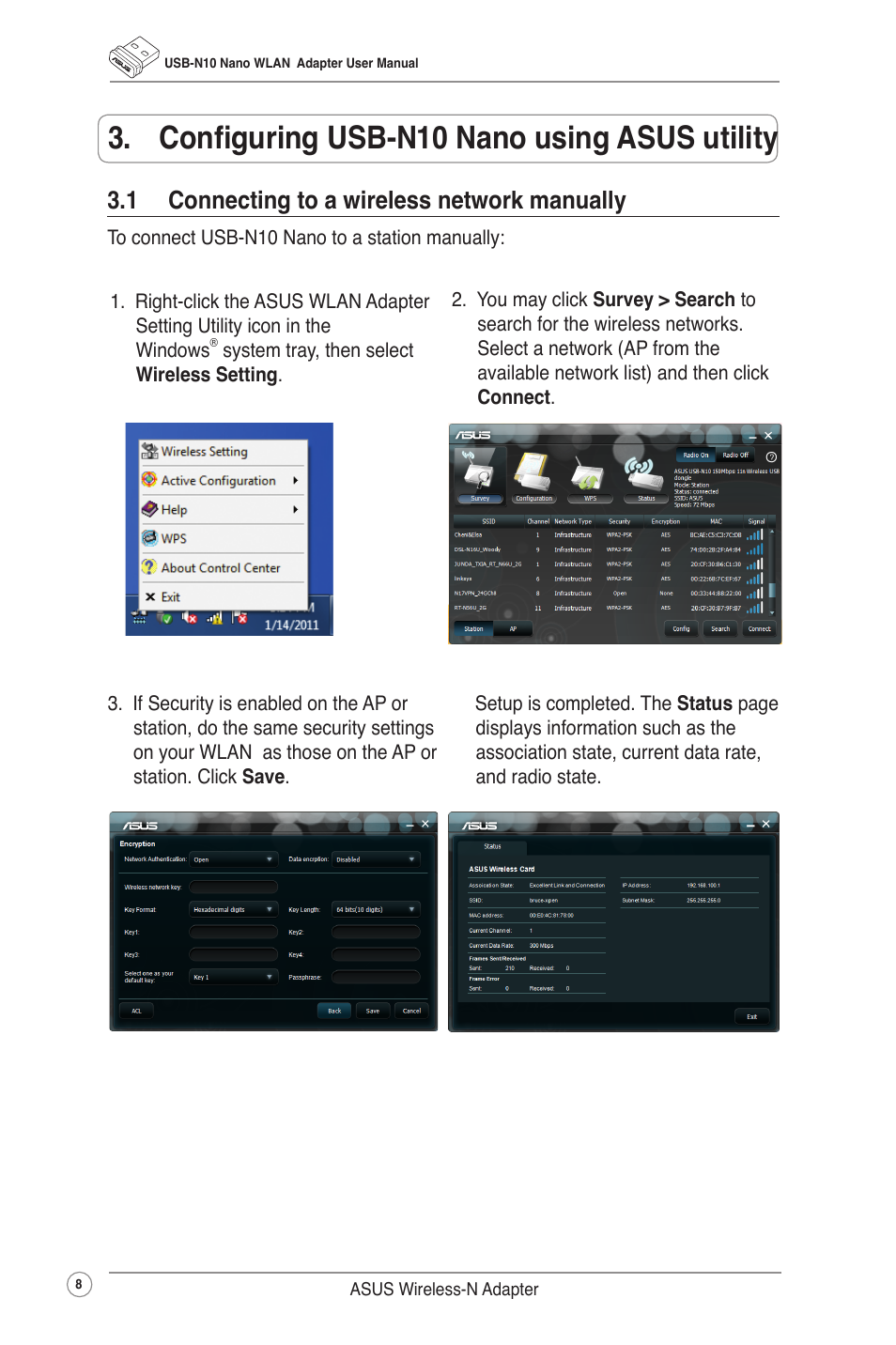 Configuring usb-n13 using asus utility, 1 connecting to a wireless network manually, Configuring usb-n10 nano using asus utility | Asus USB-N10 NANO User Manual | Page 11 / 32