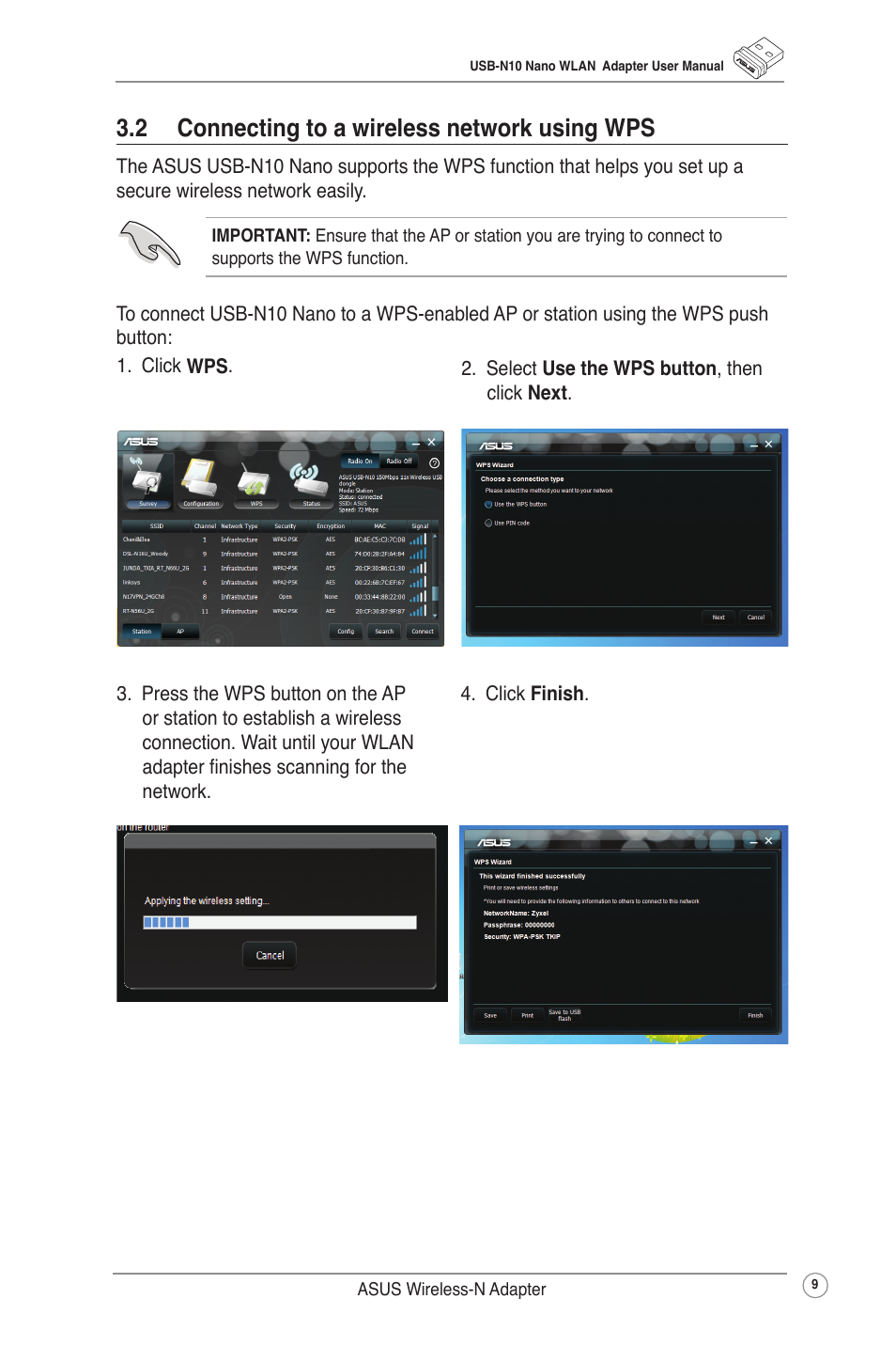 2 connecting to a wireless network using wps | Asus USB-N10 NANO User Manual | Page 12 / 32