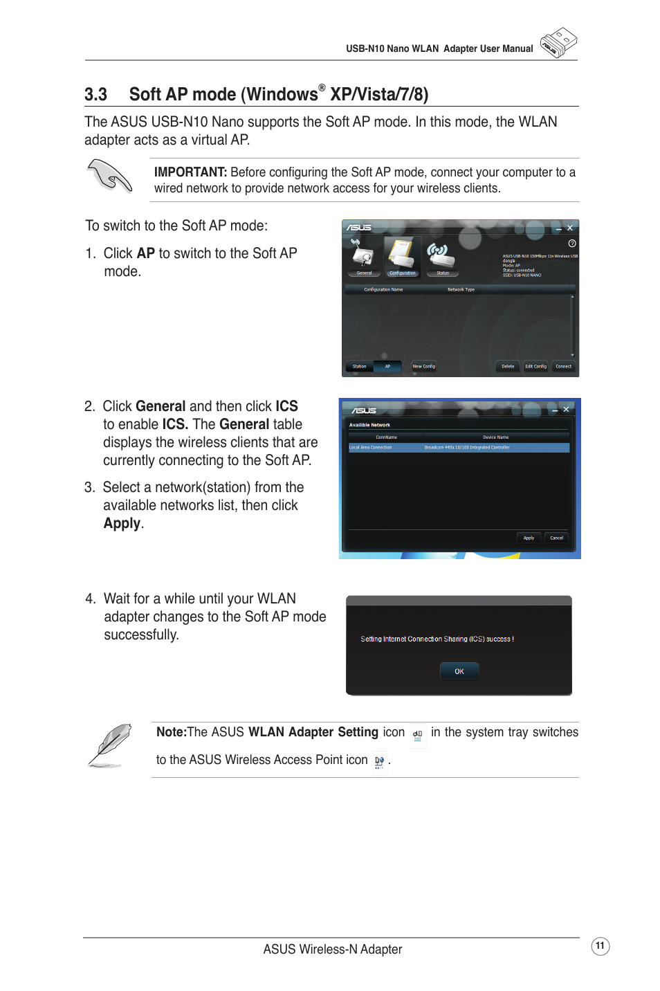 3 soft ap mode (windows® xp/vista/7), 3 soft ap mode (windows, Xp/vista/7/8) | Asus USB-N10 NANO User Manual | Page 14 / 32