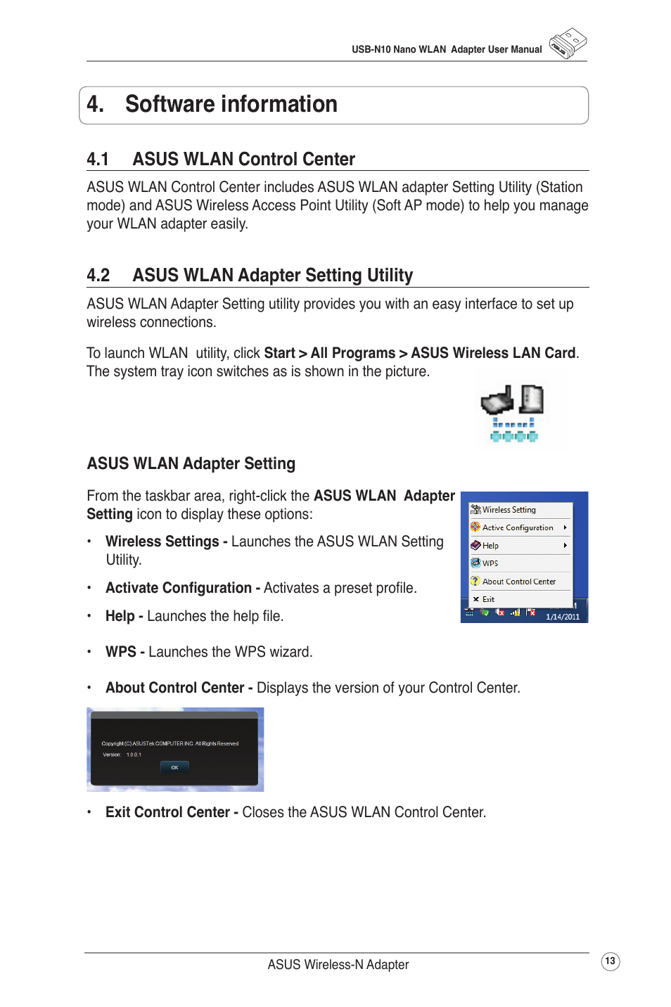 Software information, 1 asus wlan control center, 2 asus wlan adapter setting utility | Asus USB-N10 NANO User Manual | Page 16 / 32