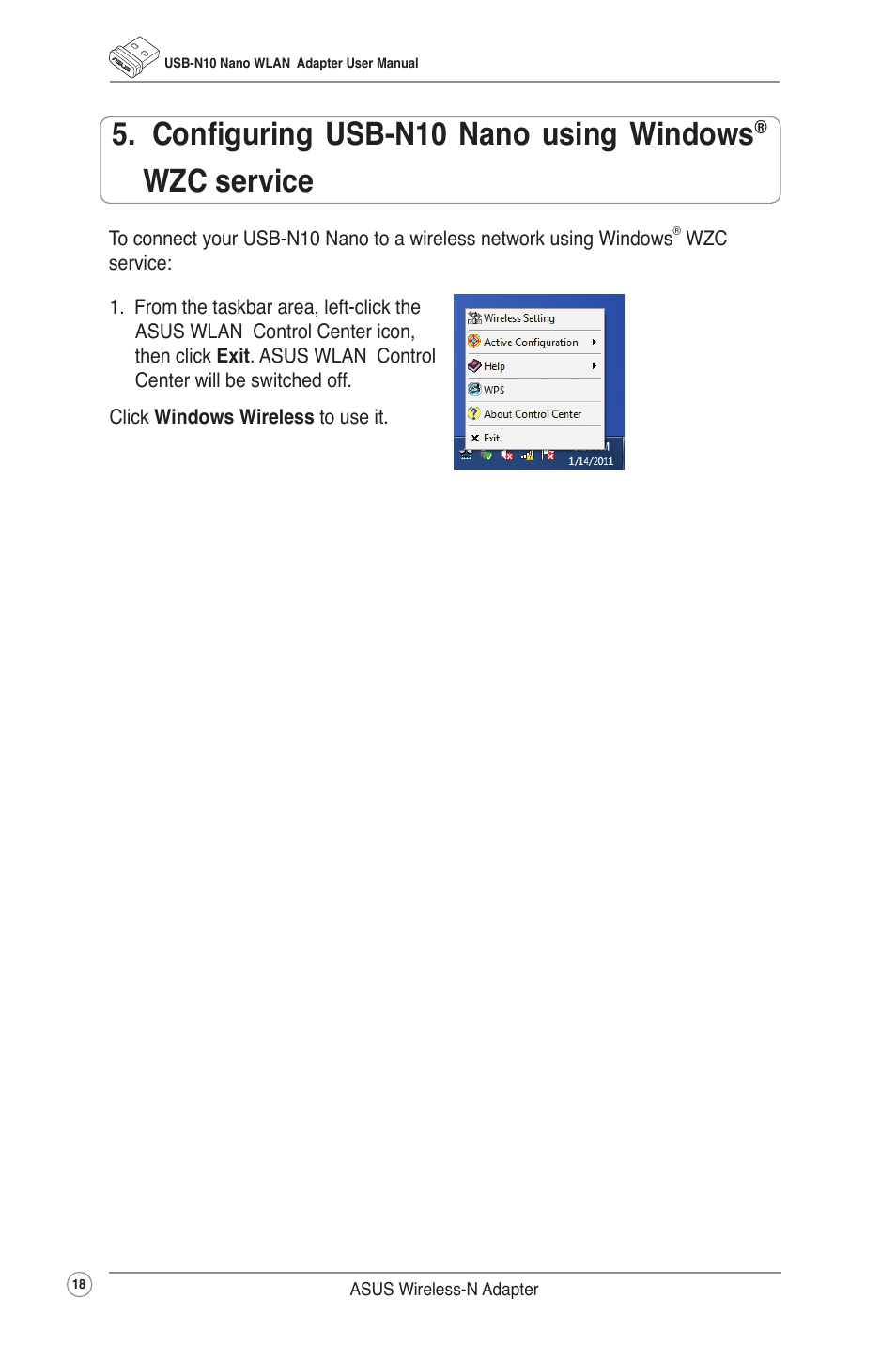 Configuring usb-n13 using windows® wzc service, Configuring usb-n10 nano using windows, Wzc service | Asus USB-N10 NANO User Manual | Page 21 / 32