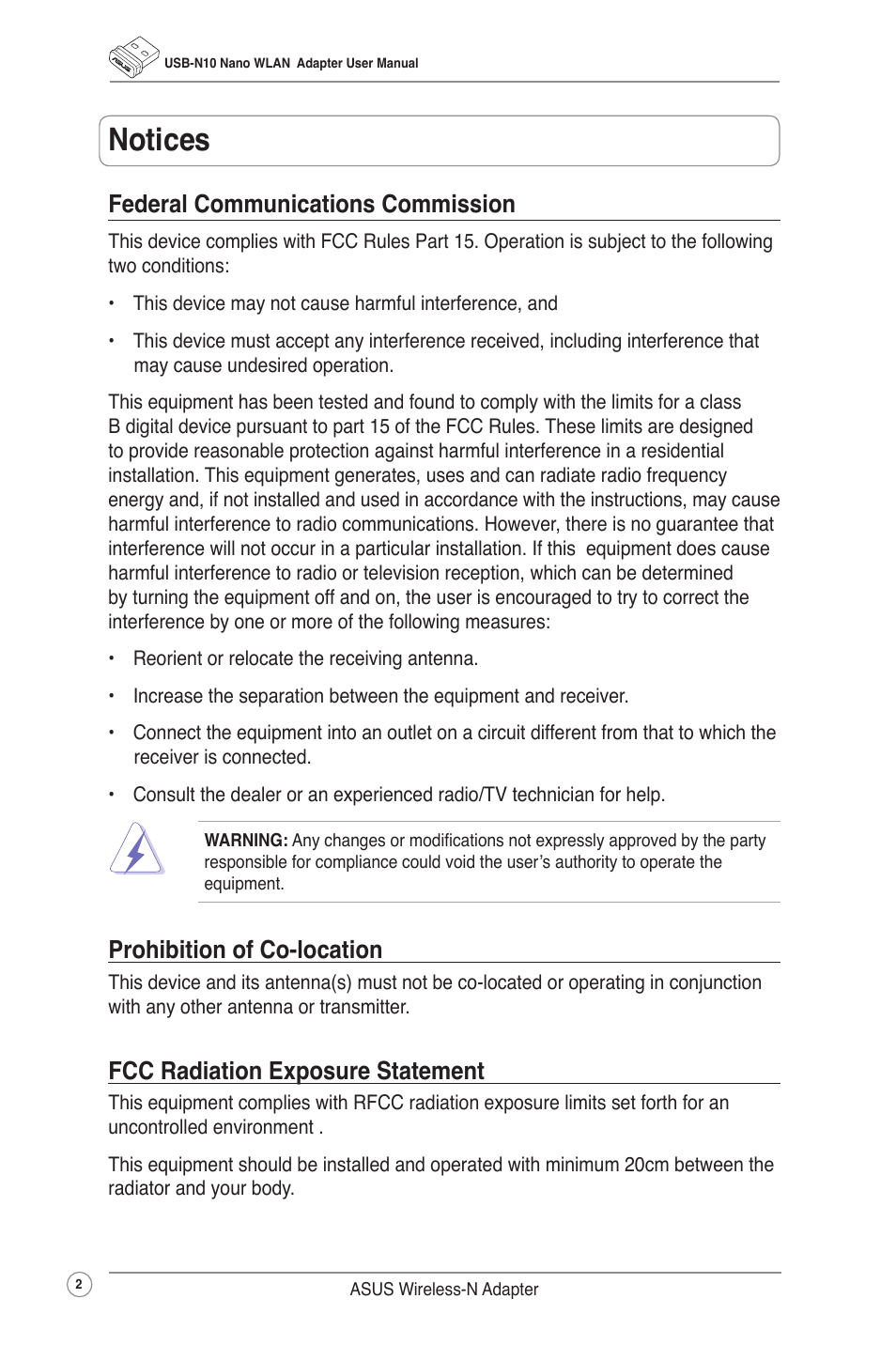 Notices, Federal communications commission, Prohibition of co-location | Fcc radiation exposure statement | Asus USB-N10 NANO User Manual | Page 5 / 32