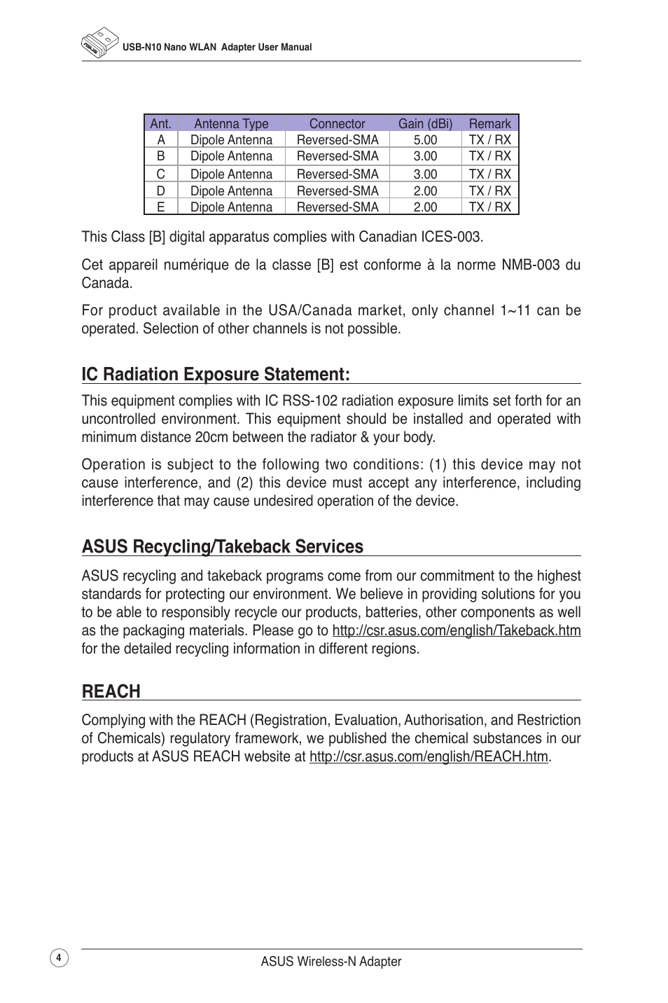 Ic radiation exposure statement, Asus recycling/takeback services, Reach | Asus USB-N10 NANO User Manual | Page 7 / 32