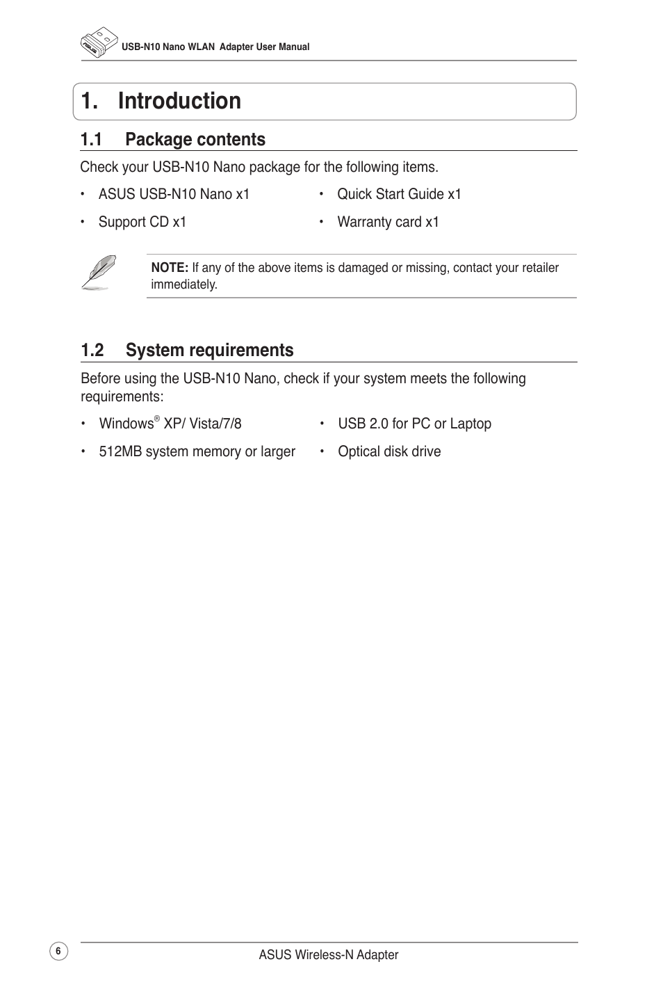 Introduction, 1 package contents, 2 system requirements | 1 package contents 1.2 system requirements | Asus USB-N10 NANO User Manual | Page 9 / 32