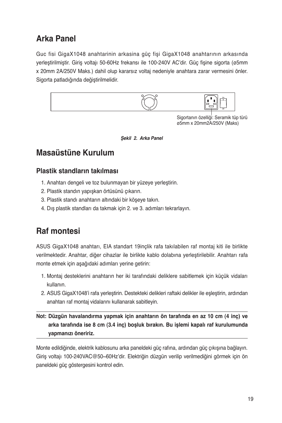 Masaüstüne kurulum, Raf montesi, Arka panel | Plastik standların takılması | Asus GigaX1048 User Manual | Page 20 / 22