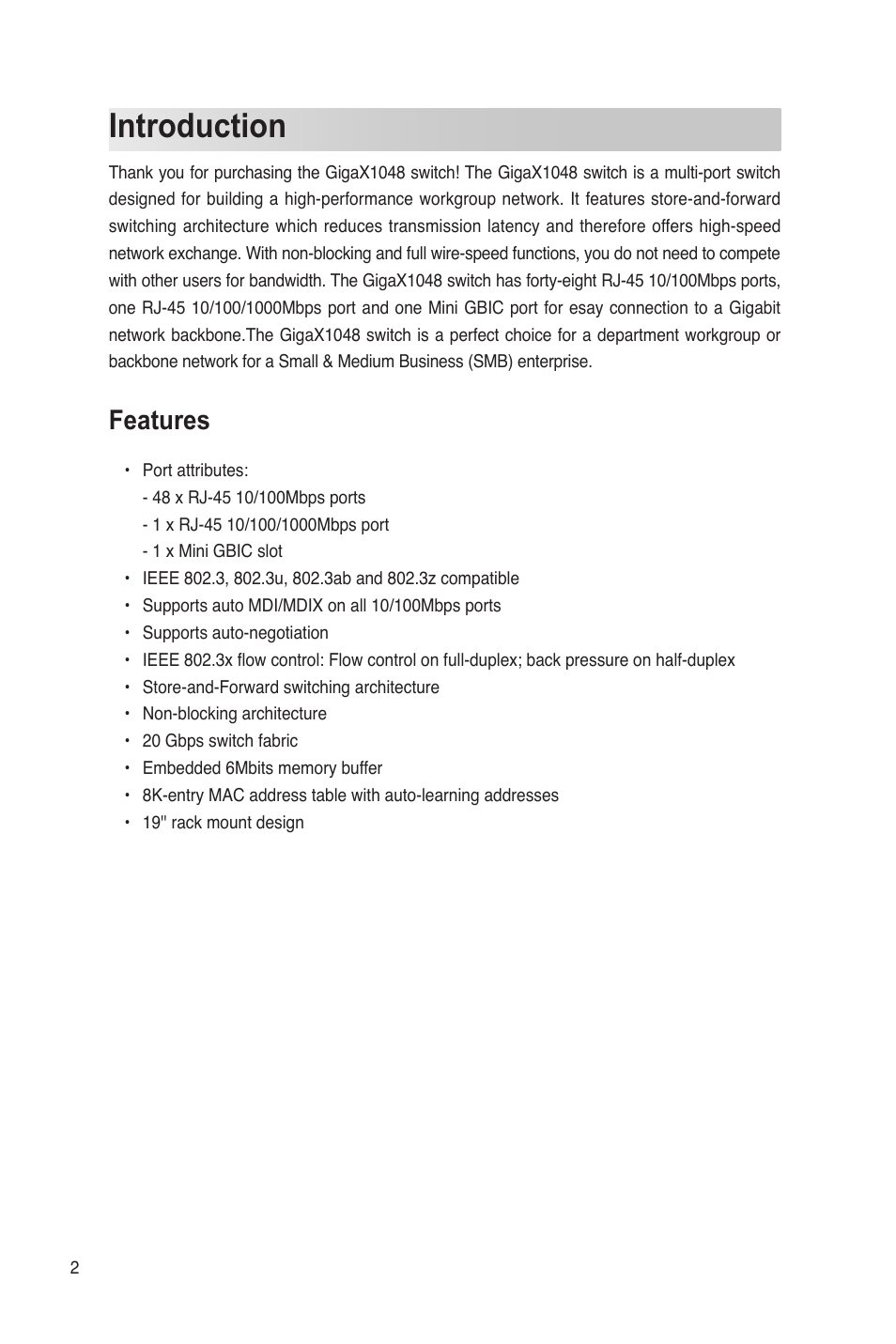 Introduction, Features | Asus GigaX1048 User Manual | Page 3 / 22