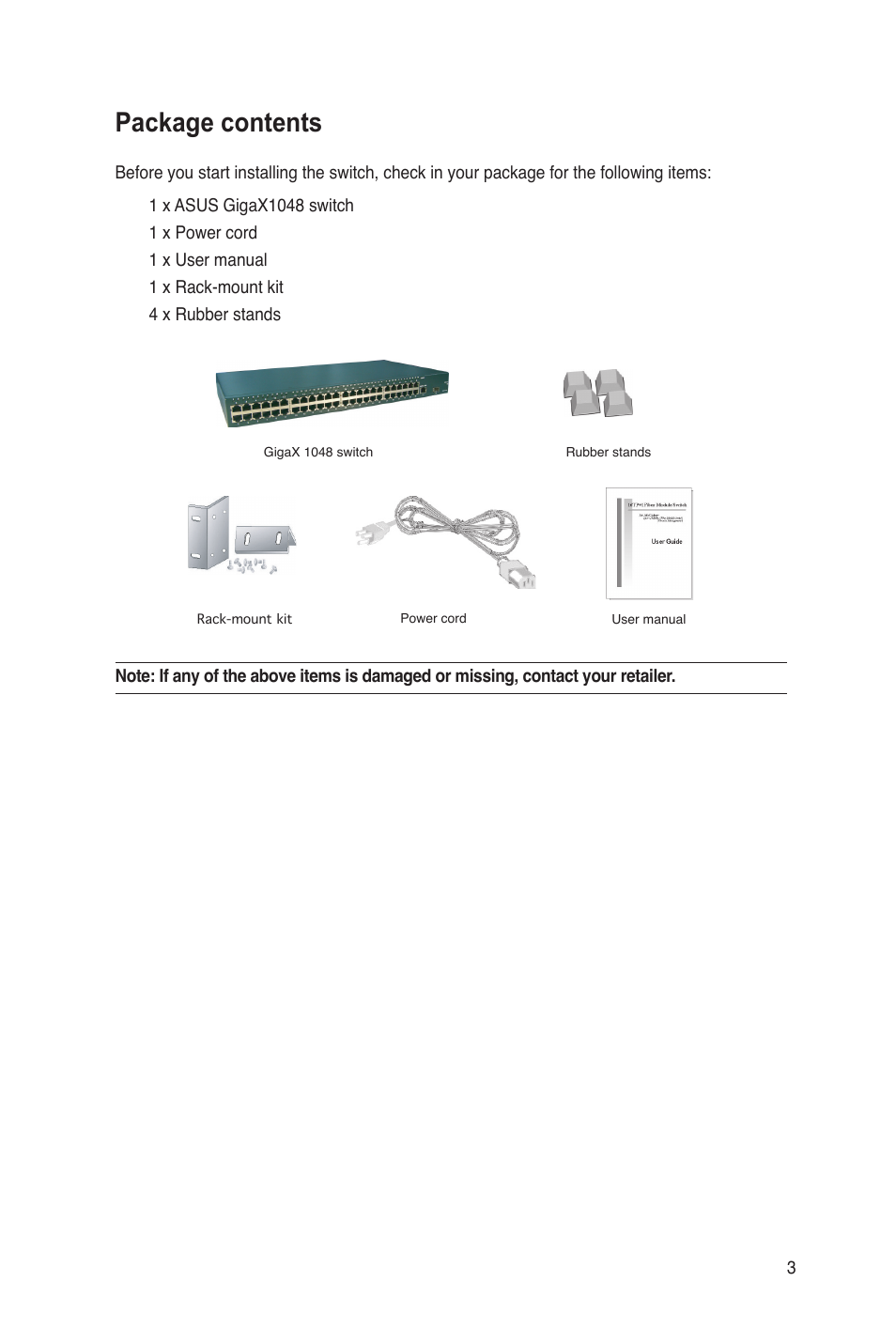 Package contents | Asus GigaX1048 User Manual | Page 4 / 22