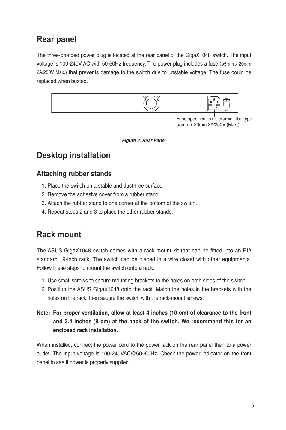 Rear panel, Desktop installation, Rack mount | Attaching rubber stands | Asus GigaX1048 User Manual | Page 6 / 22