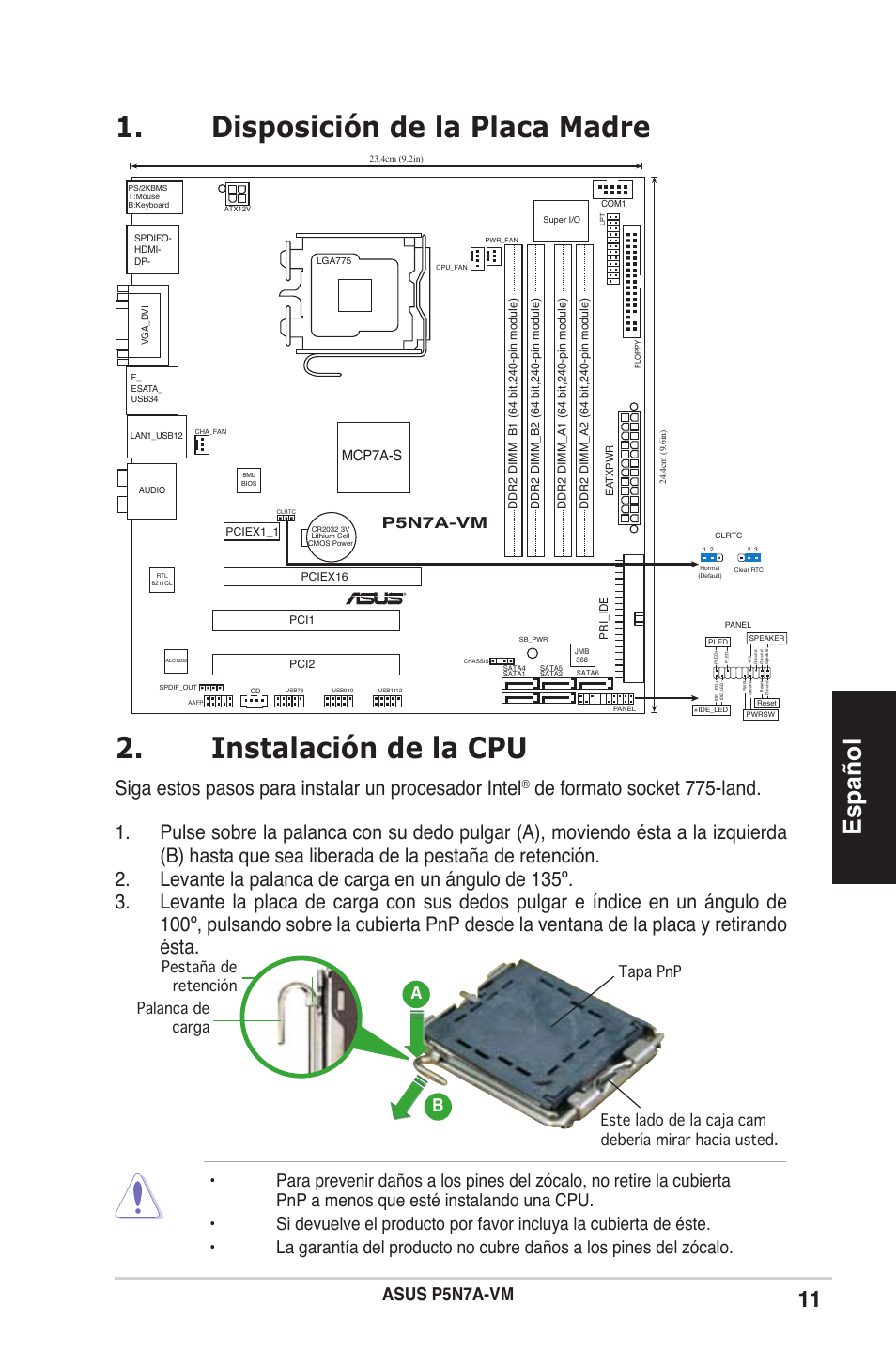 Instalación de la cpu, Disposición de la placa madre, Español | Siga estos pasos para instalar un procesador intel, Asus p5n7a-vm, Ba b, P5n7a-vm, Tapa pnp, Mcp7a-s | Asus P5N7A-VM User Manual | Page 11 / 38