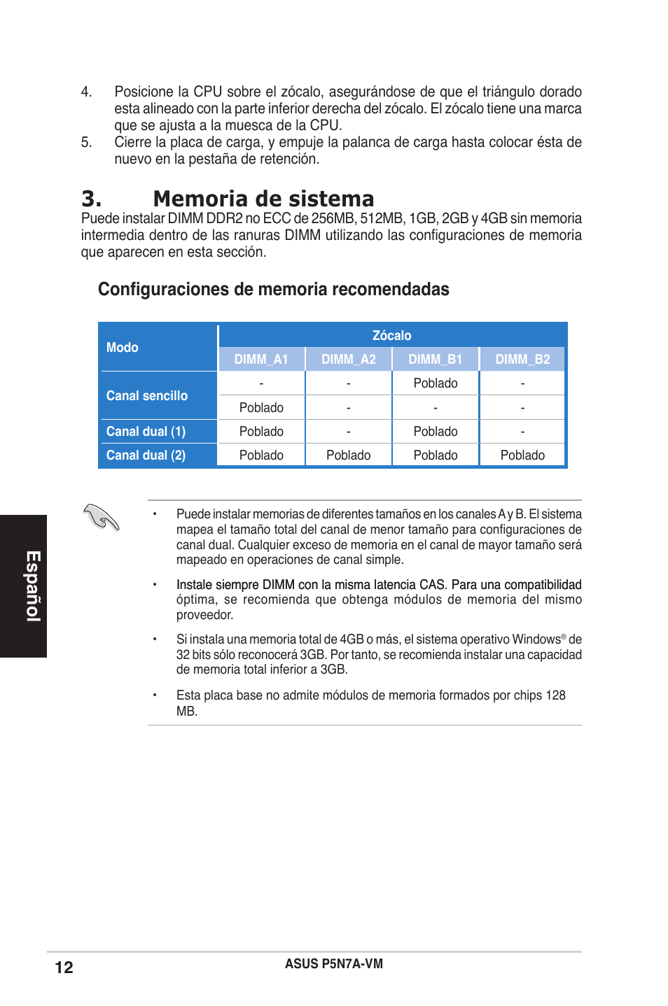 Español | Asus P5N7A-VM User Manual | Page 12 / 38