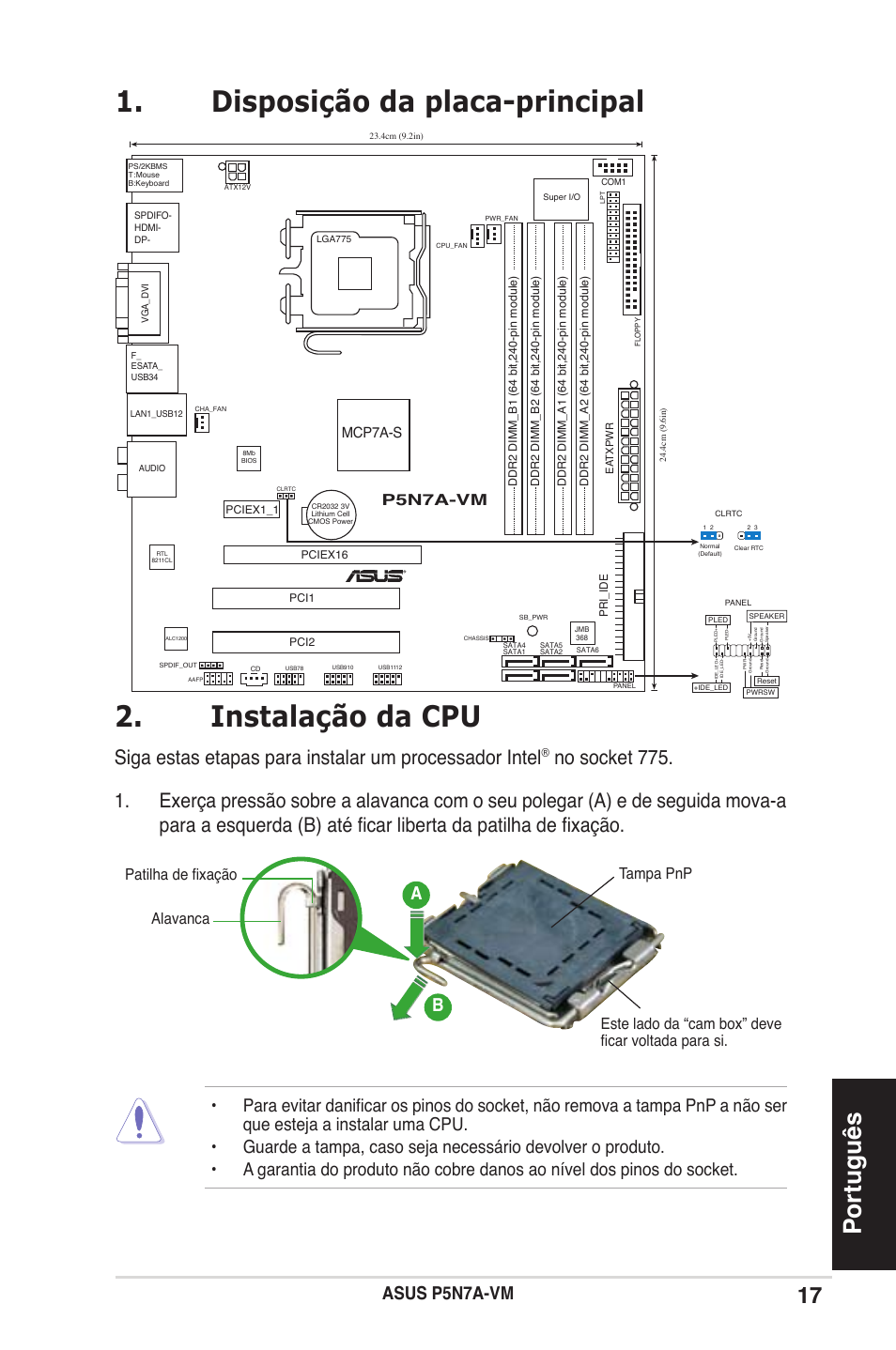 Instalação da cpu, Disposição da placa-principal, Português | Asus p5n7a-vm, P5n7a-vm, Patilha de fixação, Mcp7a-s | Asus P5N7A-VM User Manual | Page 17 / 38