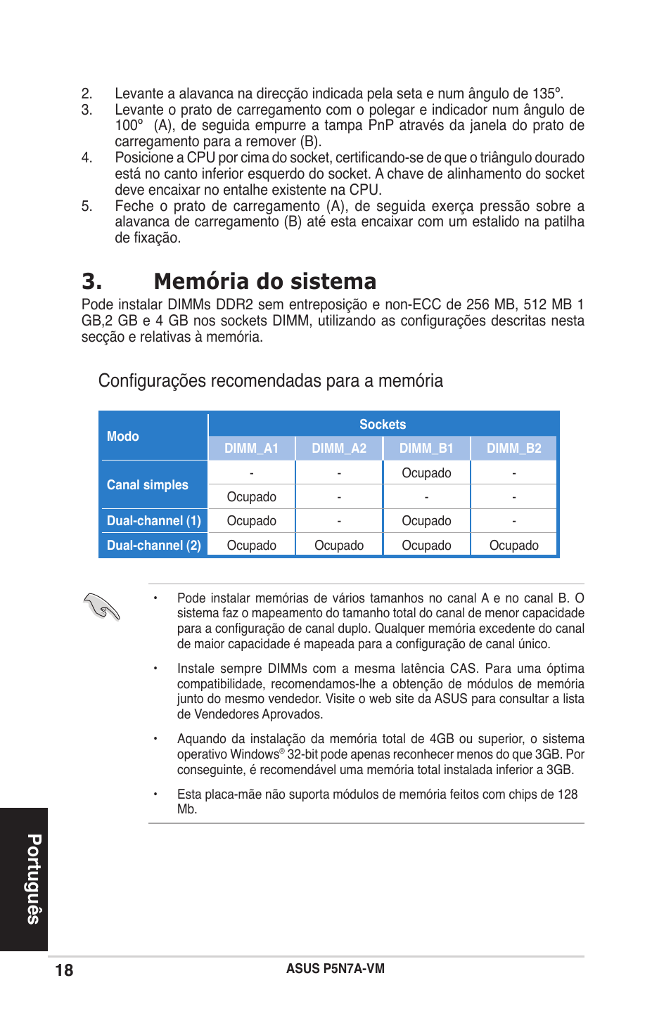 Memória do sistema, Português, Configurações recomendadas para a memória | Asus P5N7A-VM User Manual | Page 18 / 38