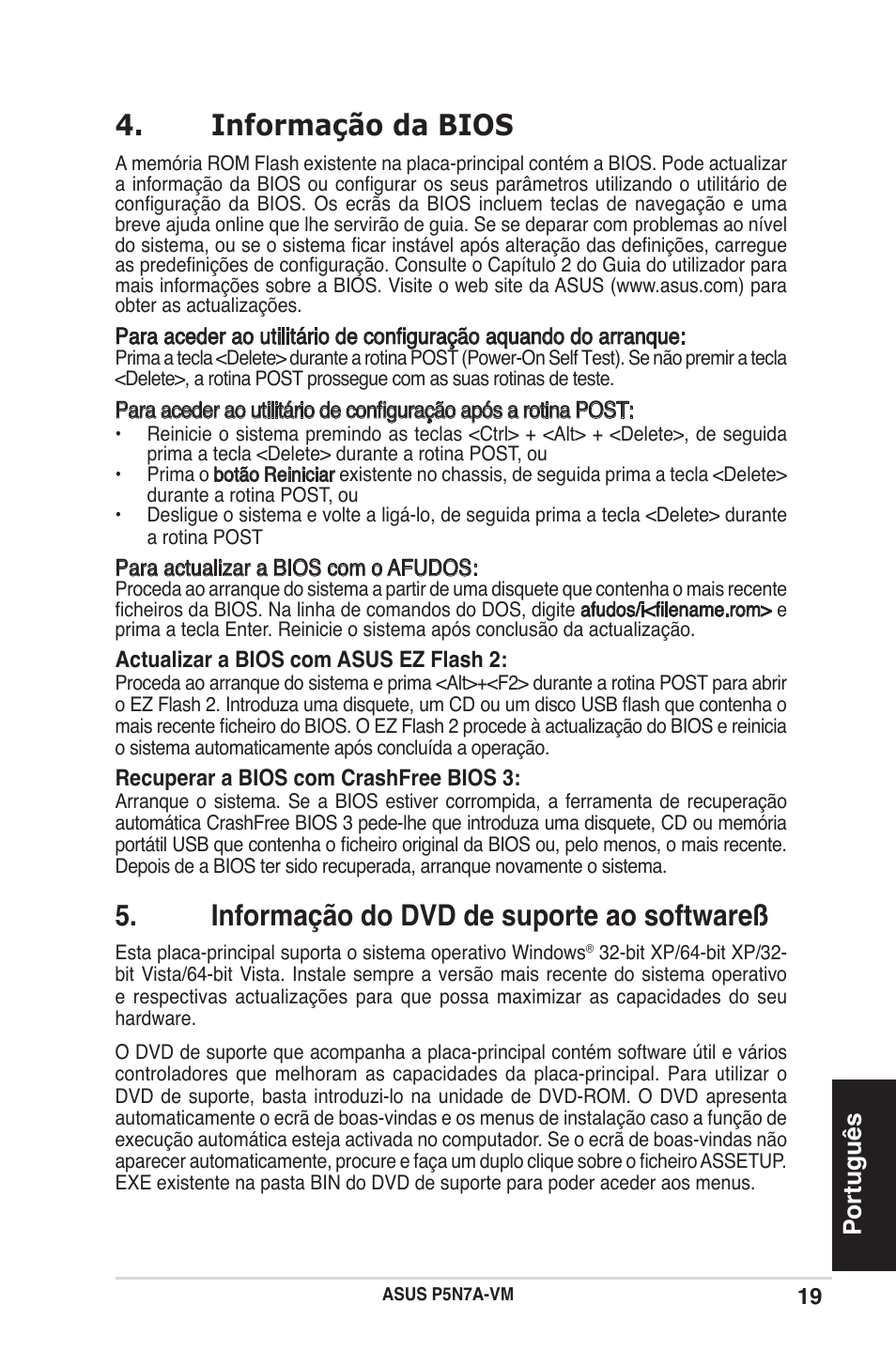 Informação da bios, Informação do dvd de suporte ao softwareß, Português | Asus P5N7A-VM User Manual | Page 19 / 38