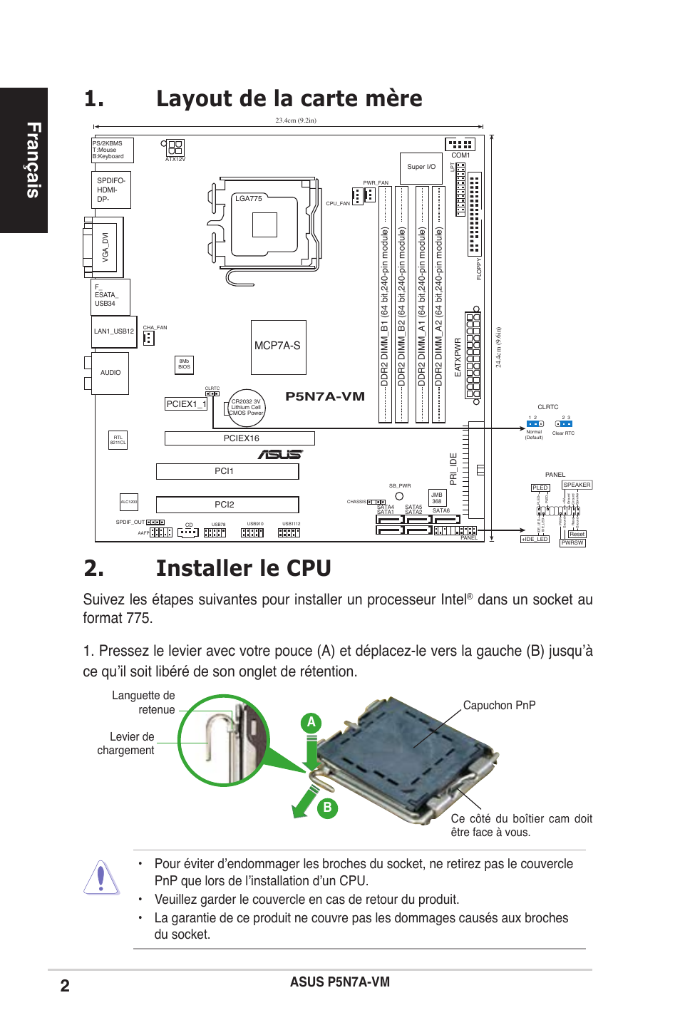 Installer le cpu, Layout de la carte mère, Français | Asus p5n7a-vm, Ba b, P5n7a-vm, Mcp7a-s | Asus P5N7A-VM User Manual | Page 2 / 38