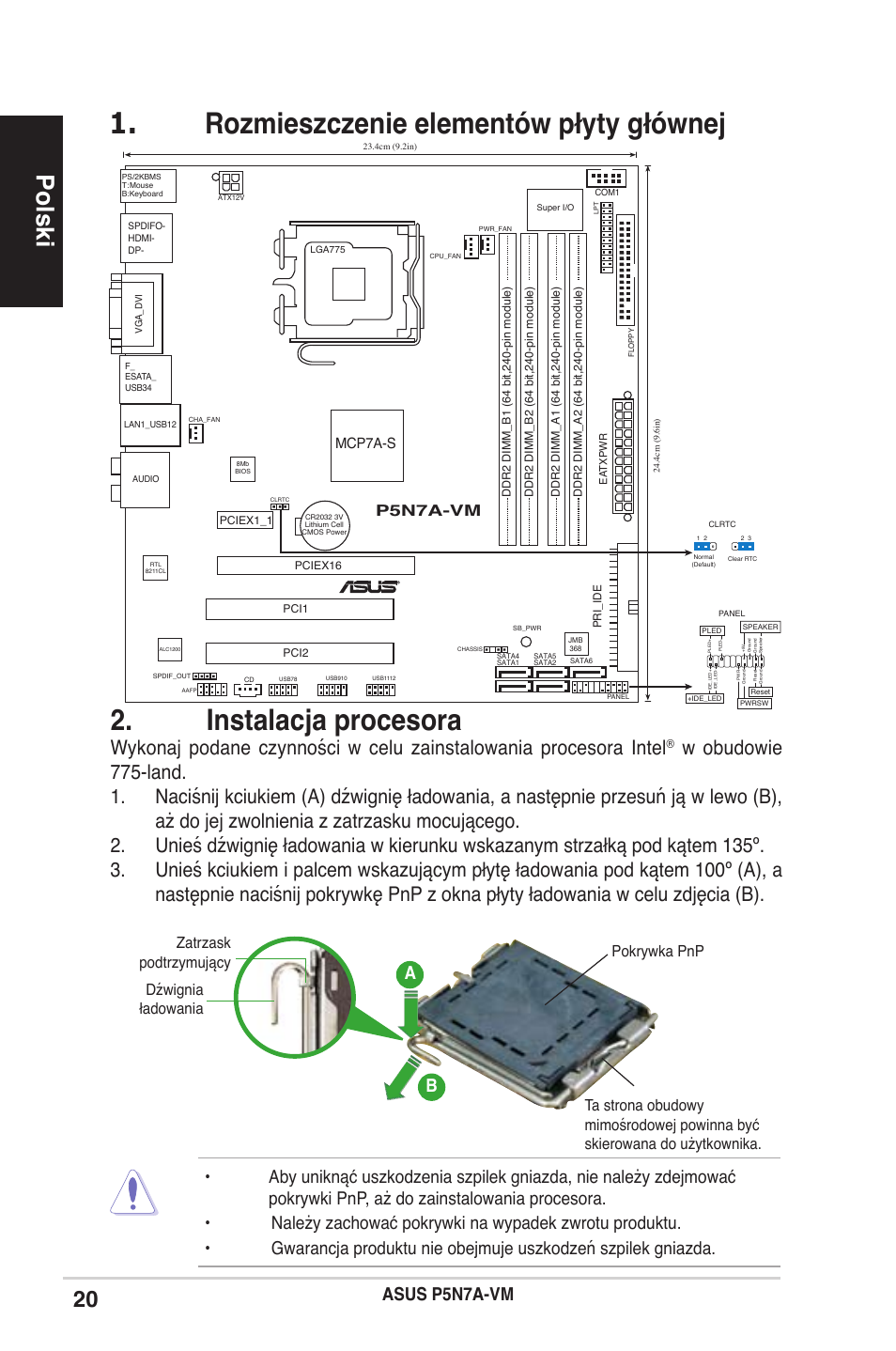 Rozmieszczenie elementów płyty głównej, Instalacja procesora, Polski | Asus p5n7a-vm, Ba b, P5n7a-vm, Mcp7a-s | Asus P5N7A-VM User Manual | Page 20 / 38